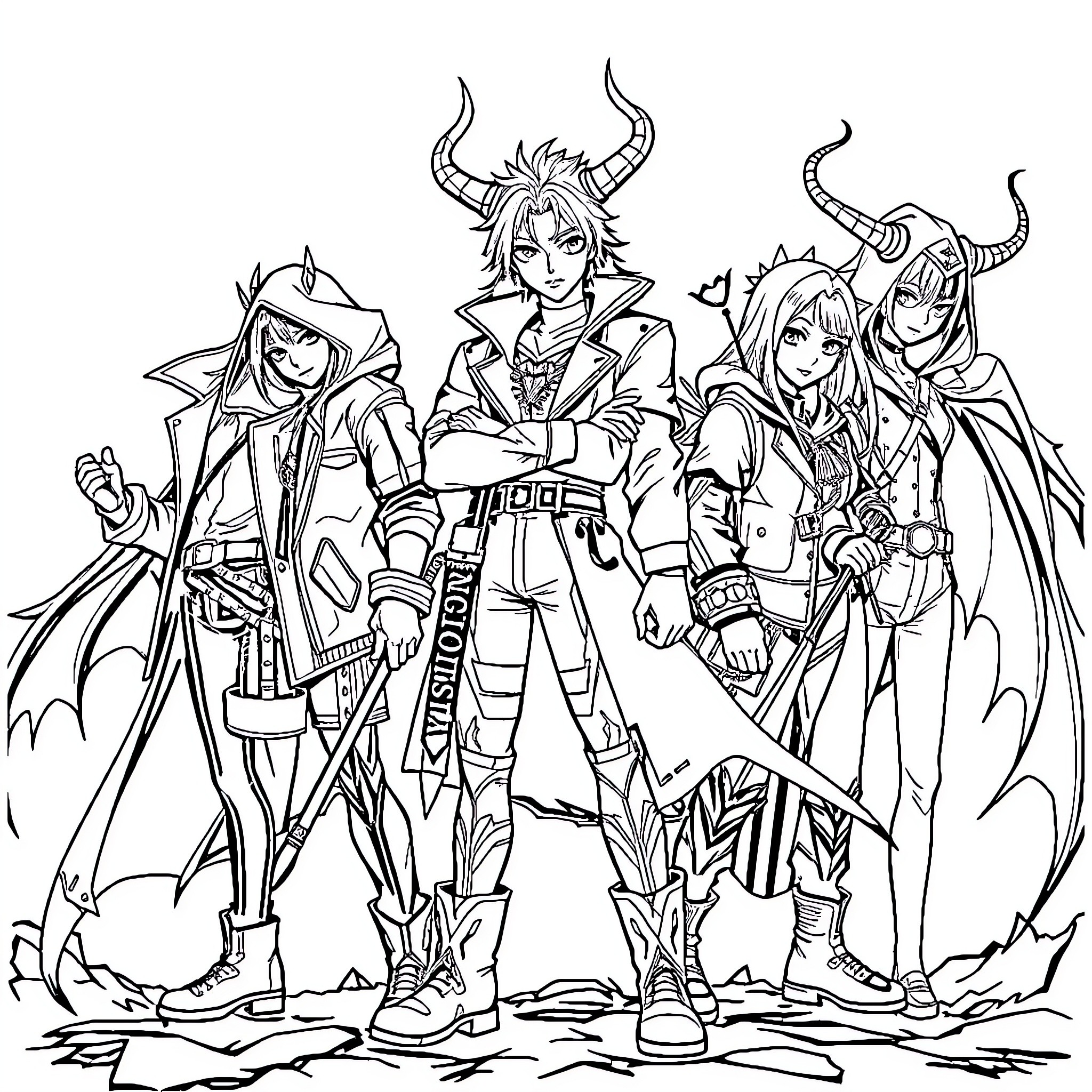 Demon Hunters in Perilous Adventure Coloring Page (free black-and-white line drawing printable PDF for all, from beginners to advanced learners, including children, teens, adults, and seniors)