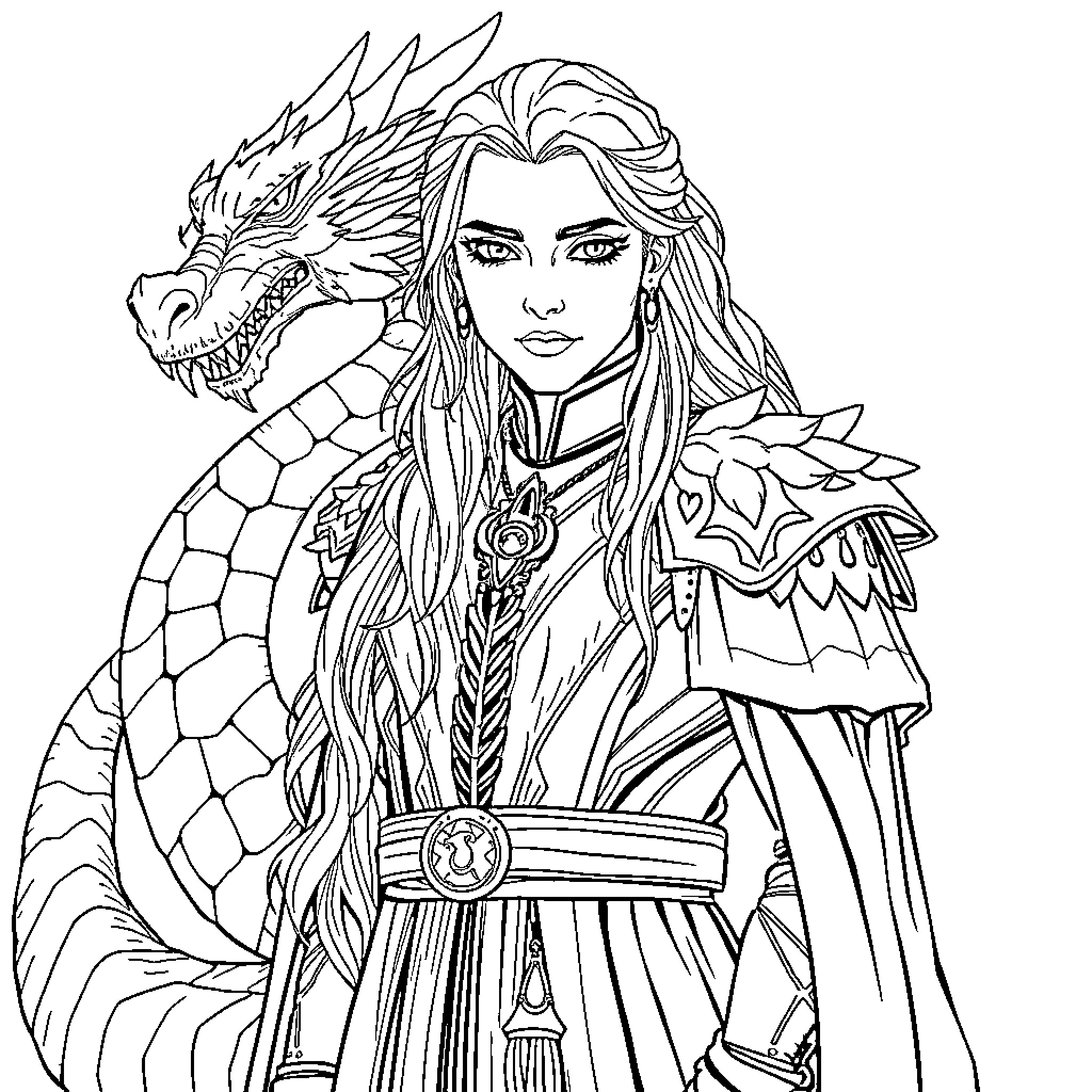 Targaryen Warrior Princess and Her Majestic Dragon Coloring Page (free black-and-white line drawing printable PDF for all, from beginners to advanced learners, including children, teens, adults, and seniors)