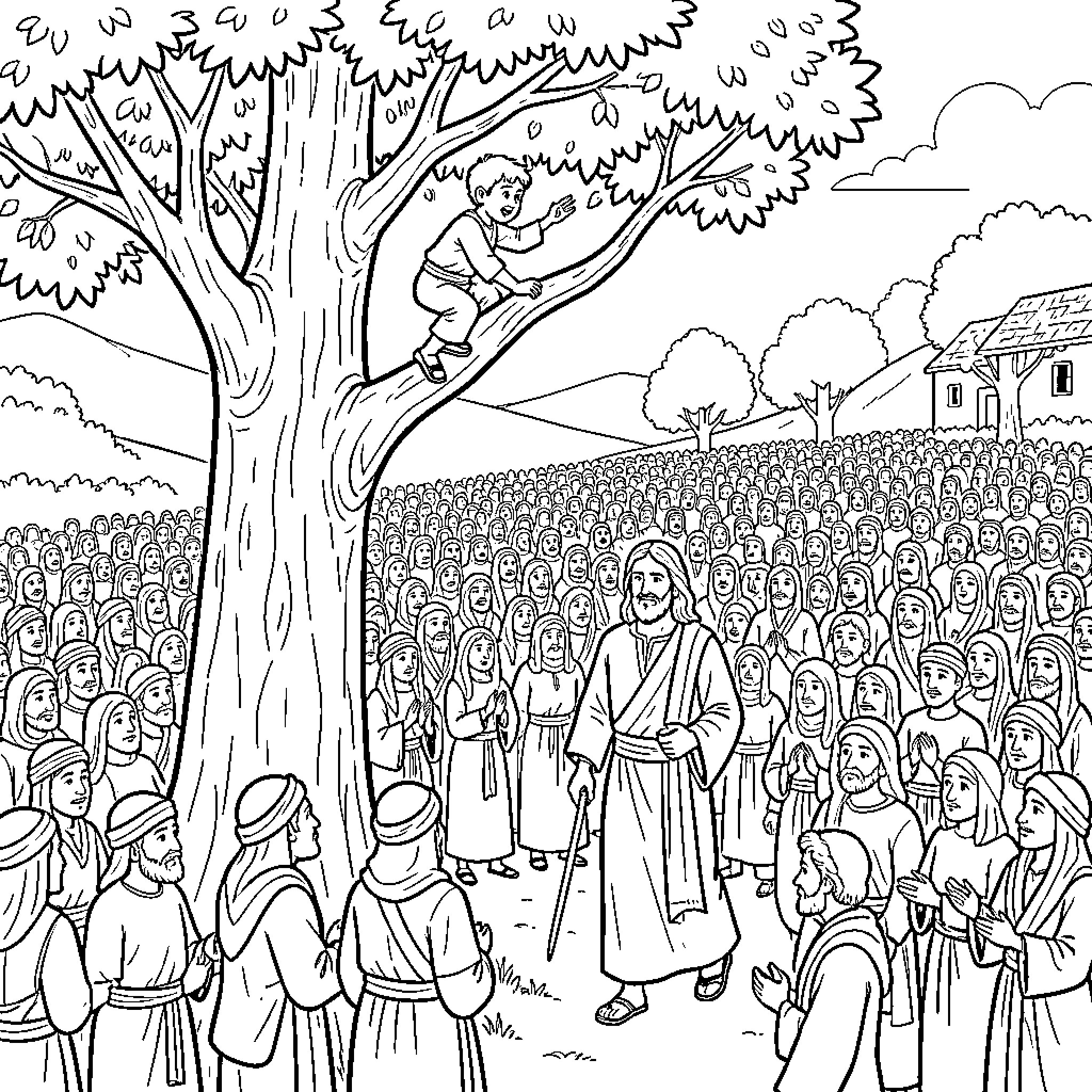 Zaqueo Climbing a Tree to See Jesus among the Crowd Coloring Page (free black-and-white line drawing printable PDF for all, from beginners to advanced learners, including children, teens, adults, and seniors)