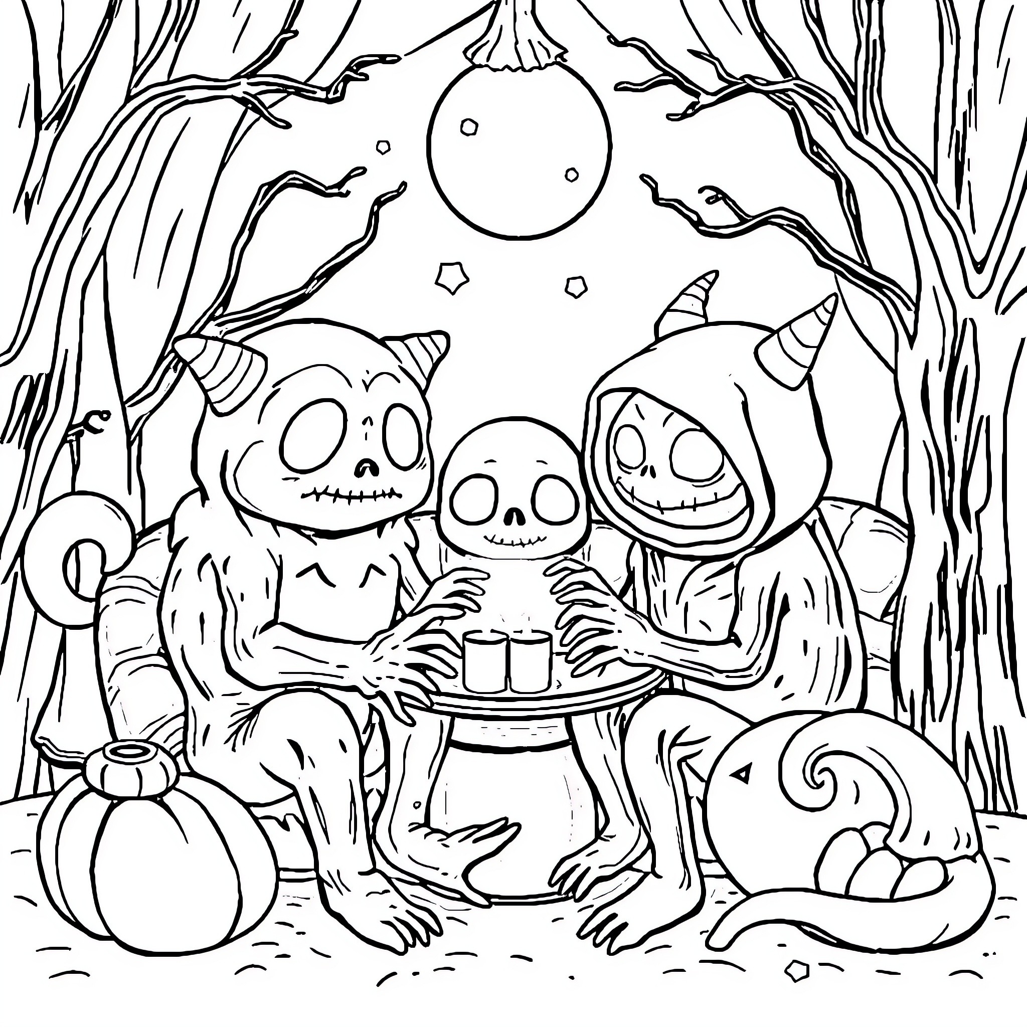 Creature enjoying a spooky night in the woods Coloring Page (free black-and-white line drawing printable PDF for all, from beginners to advanced learners, including children, teens, adults, and seniors)