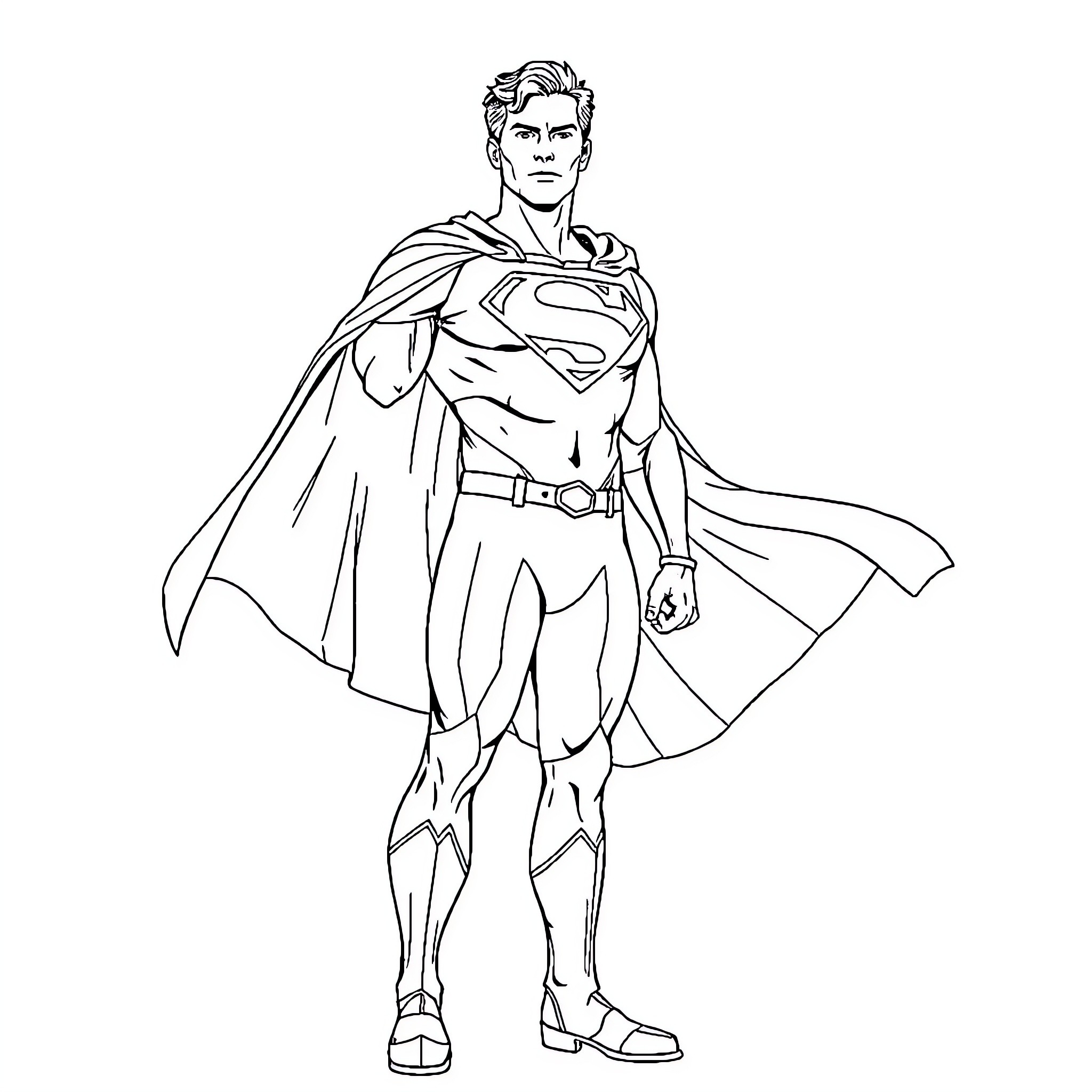Superman heroically standing in signature pose Coloring Page (free black-and-white line drawing printable PDF for all, from beginners to advanced learners, including children, teens, adults, and seniors)
