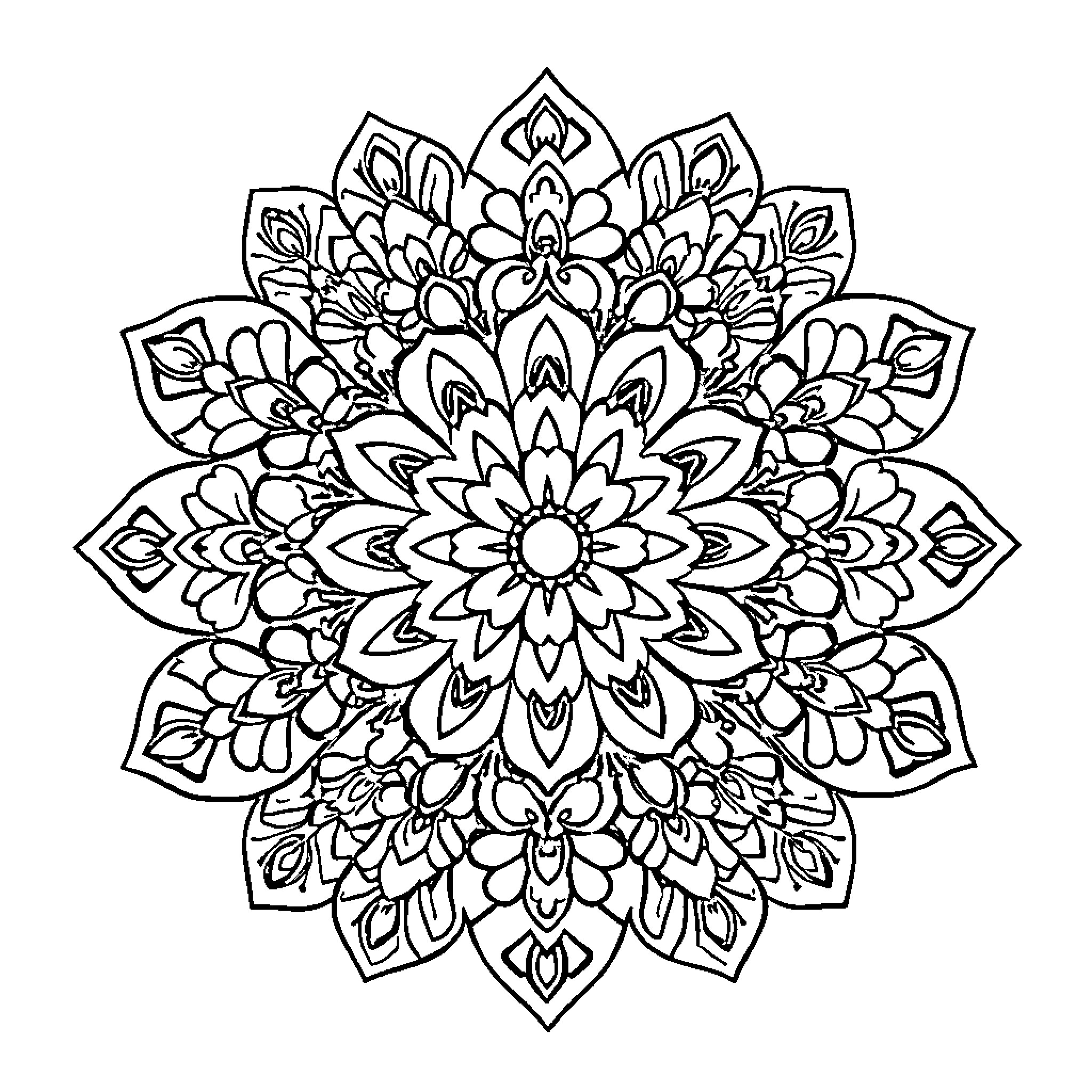 Mandala of intricate floral patterns Coloring Page (free black-and-white line drawing printable PDF for all, from beginners to advanced learners, including children, teens, adults, and seniors)