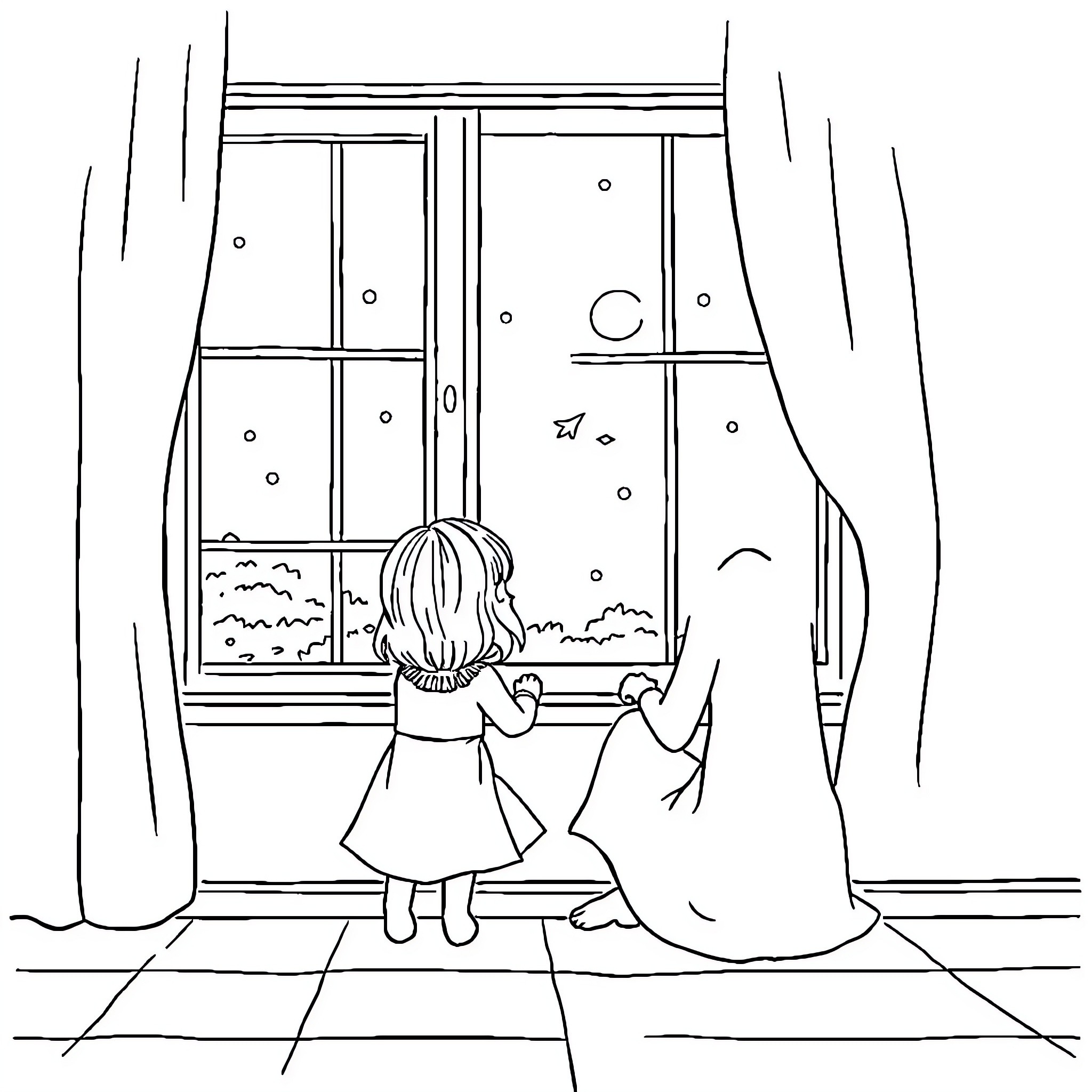 Daughter looking out window on snowy day Coloring Page (free black-and-white line drawing printable PDF for all, from beginners to advanced learners, including children, teens, adults, and seniors)