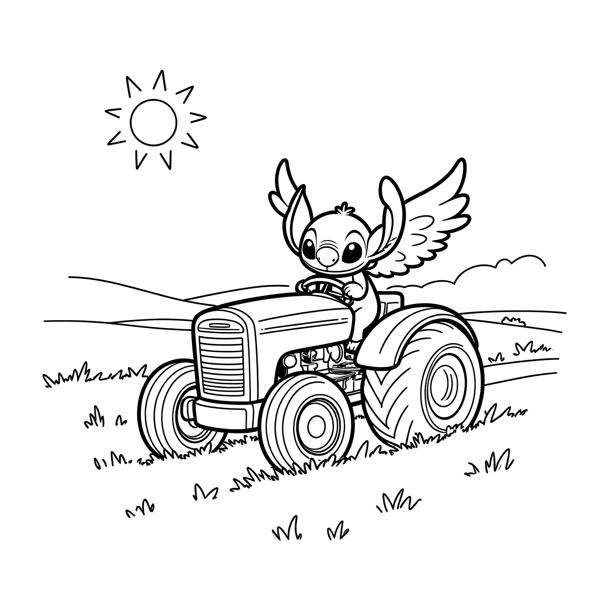 Angel driving a tractor in the countryside Coloring Page (free black-and-white line drawing printable PDF for all, from beginners to advanced learners, including children, teens, adults, and seniors)