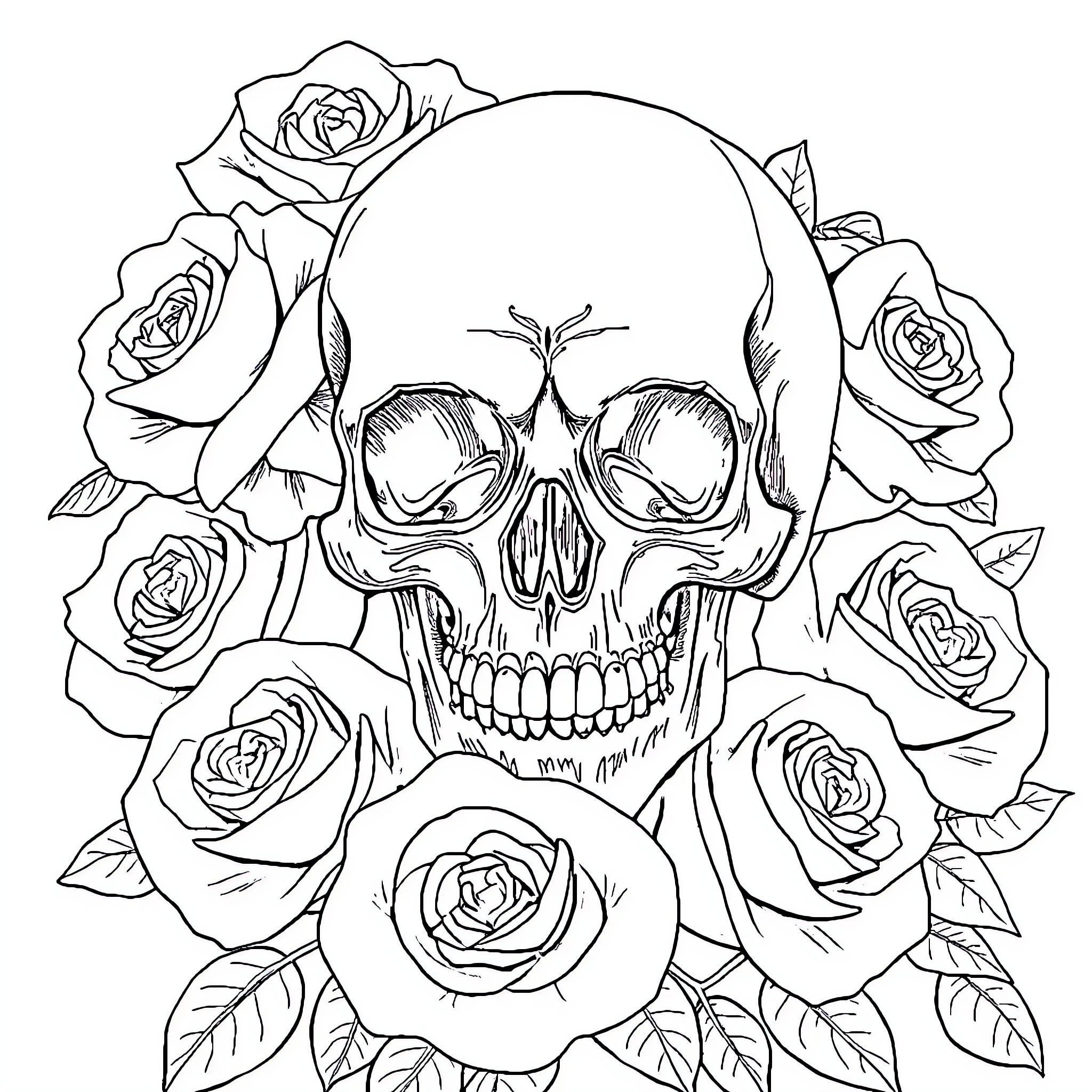 Skull surrounded by menacing roses Coloring Page (free black-and-white line drawing printable PDF for all, from beginners to advanced learners, including children, teens, adults, and seniors)