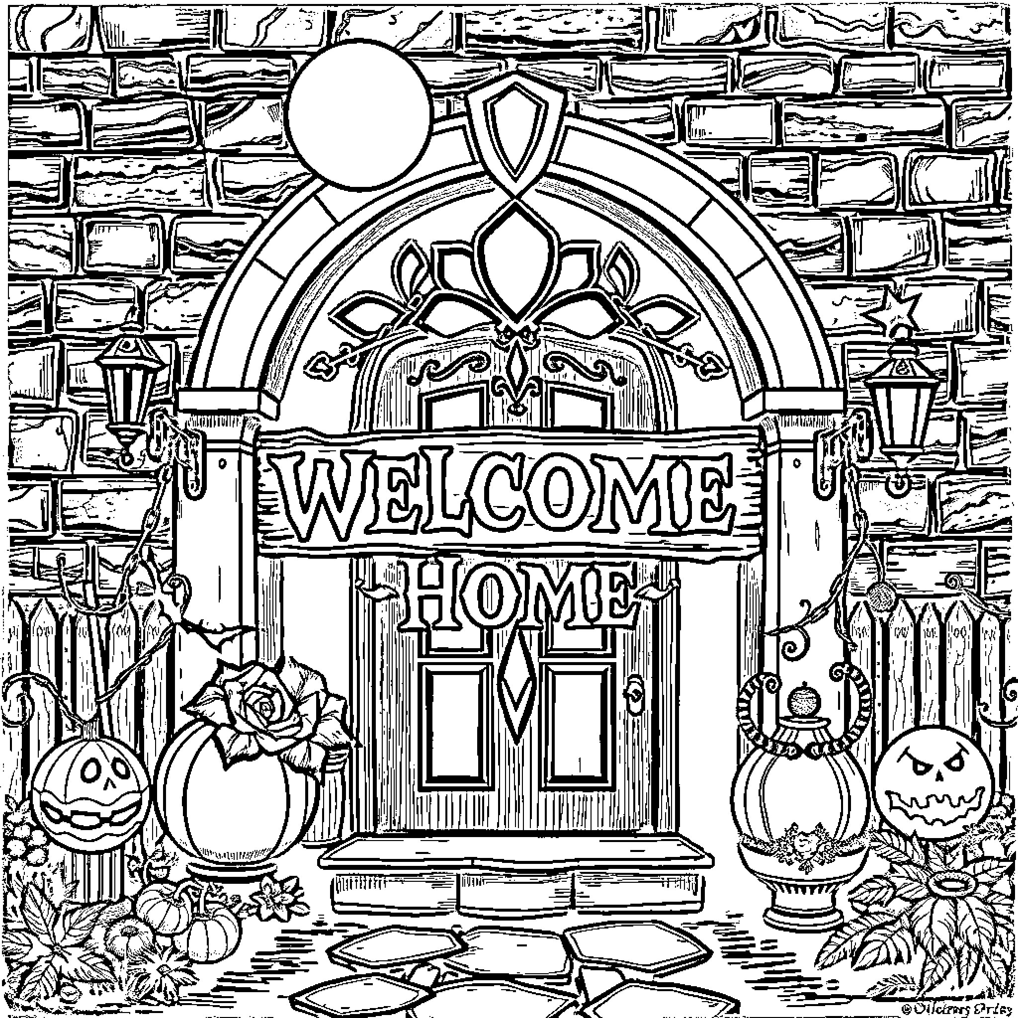 Goth Welcome Home Entrance with Eerie Decorations Coloring Page (free black-and-white line drawing printable PDF for all, from beginners to advanced learners, including children, teens, adults, and seniors)