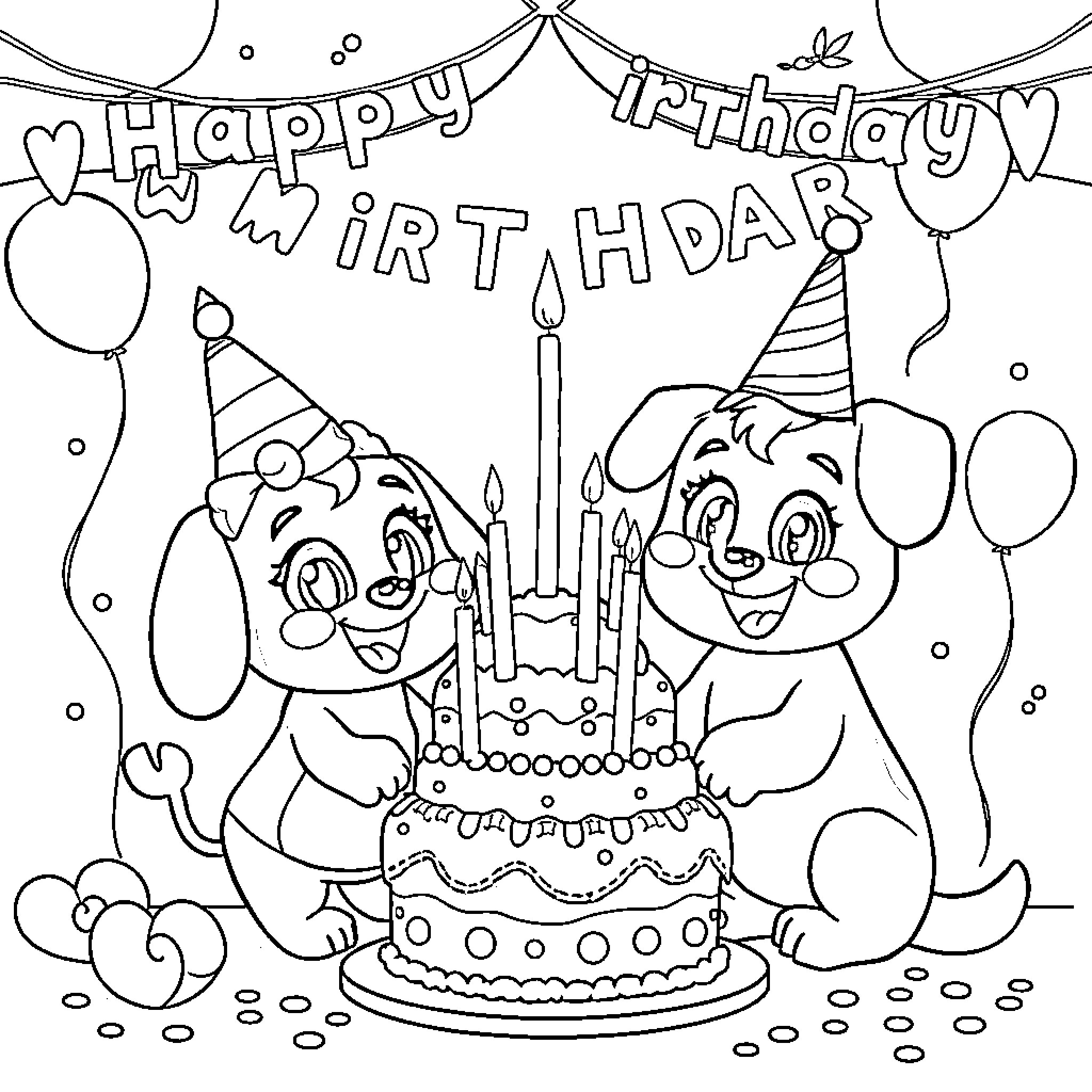 Bluey and Bingo celebrate a happy birthday Coloring Page (free black-and-white line drawing printable PDF for all, from beginners to advanced learners, including children, teens, adults, and seniors)