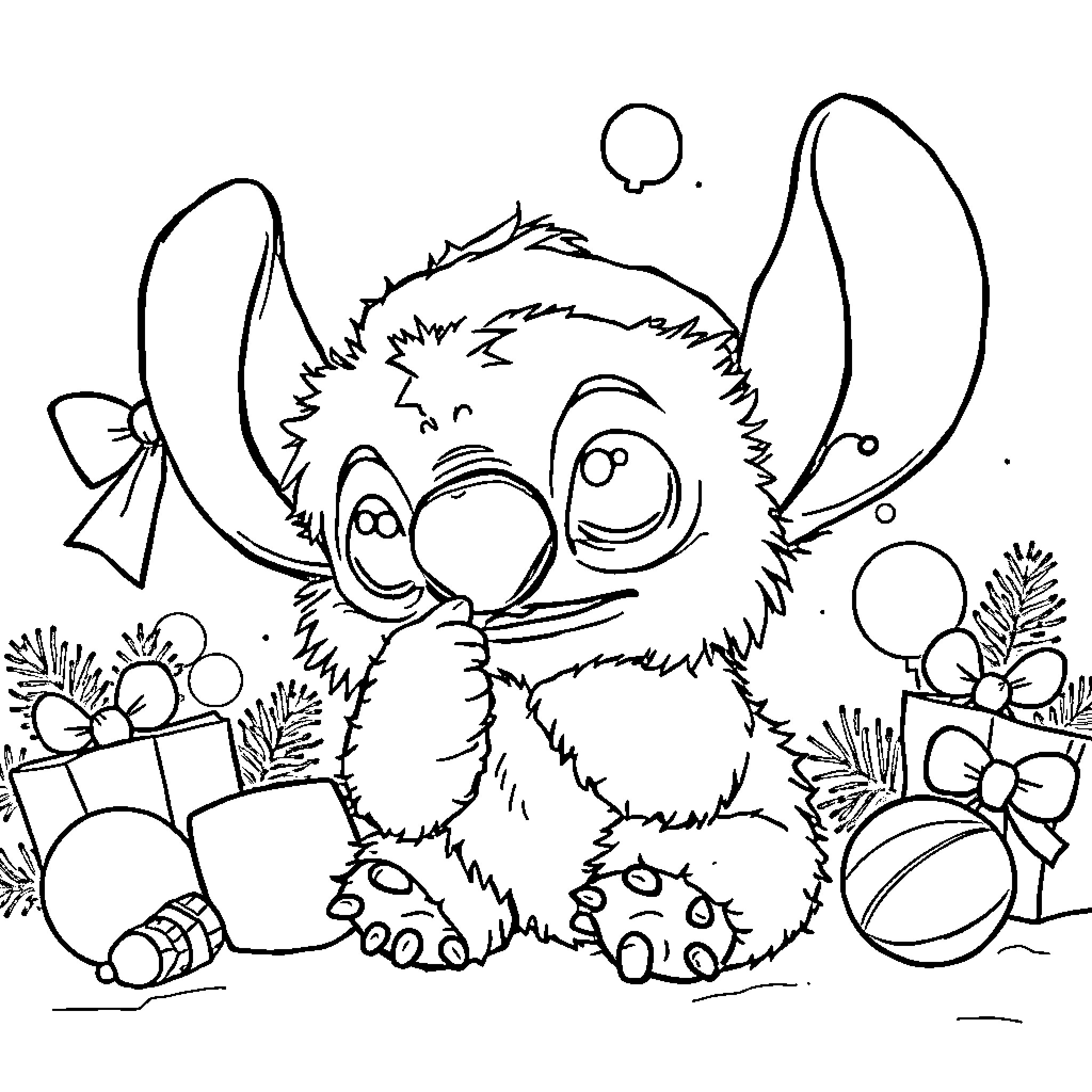 Stitch Surrounded by Toys and Gifts Coloring Page (free black-and-white line drawing printable PDF for all, from beginners to advanced learners, including children, teens, adults, and seniors)