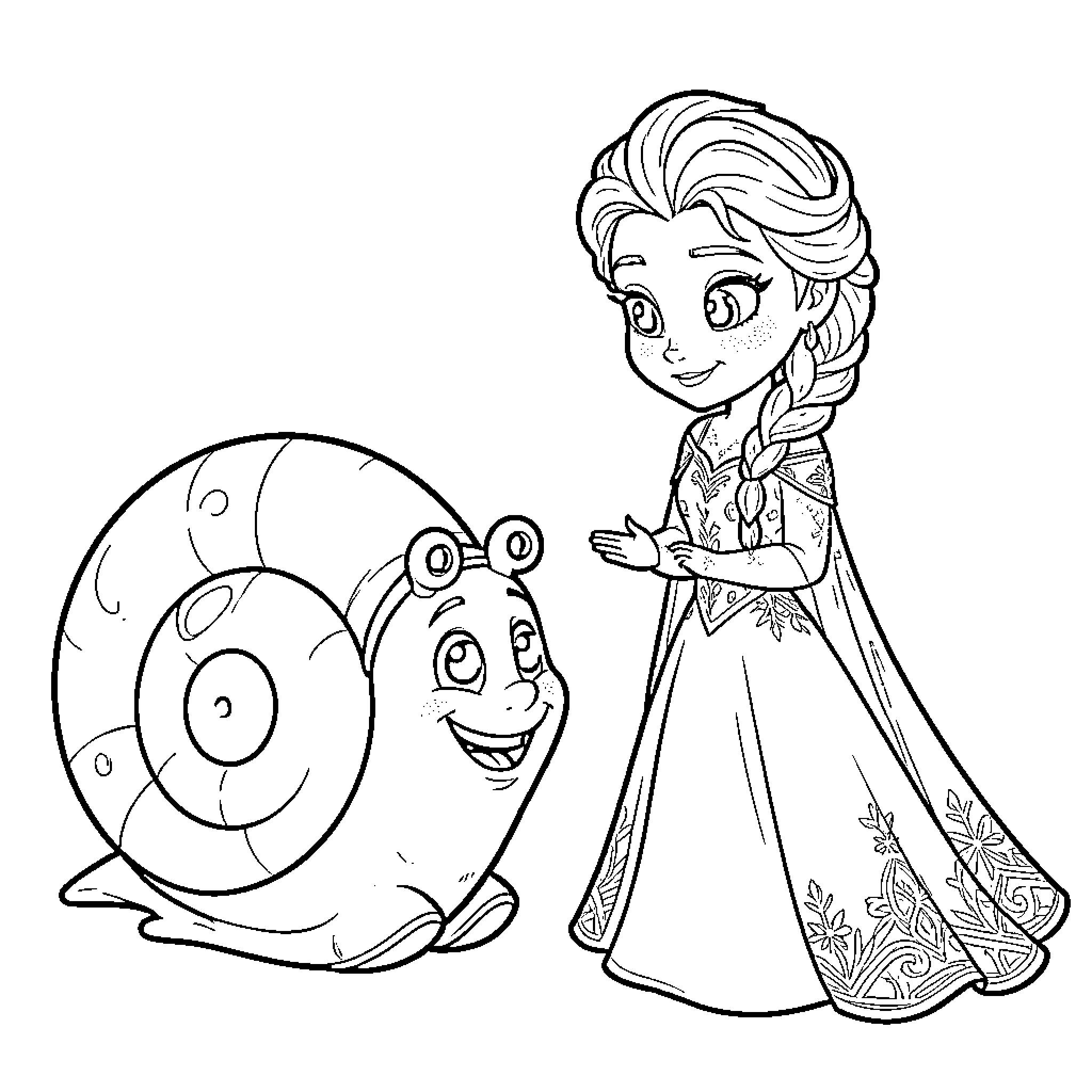 Snail smiling happily at a young princess Coloring Page (free black-and-white line drawing printable PDF for all, from beginners to advanced learners, including children, teens, adults, and seniors)