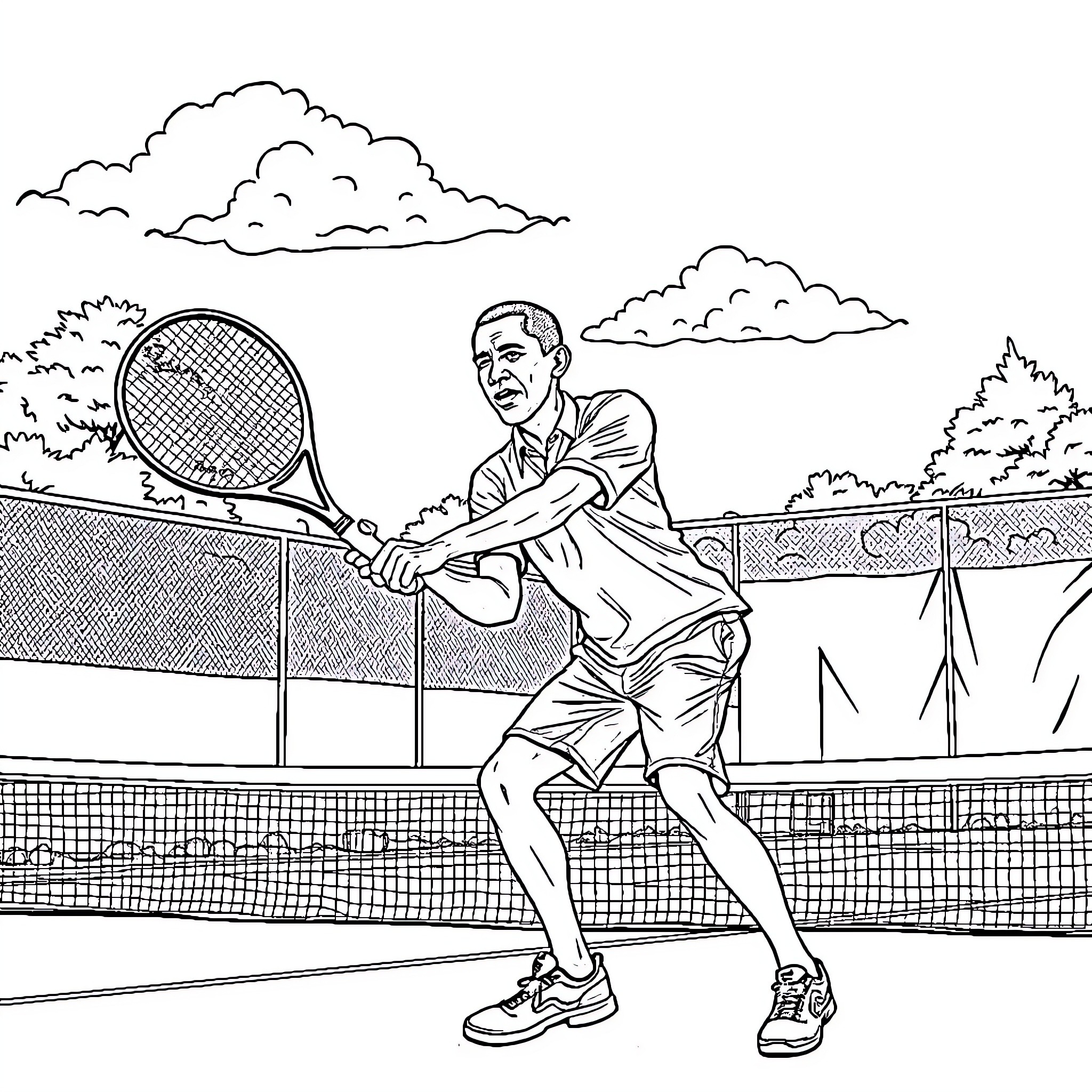 Obama playing tennis on the court Coloring Page (free black-and-white line drawing printable PDF for all, from beginners to advanced learners, including children, teens, adults, and seniors)