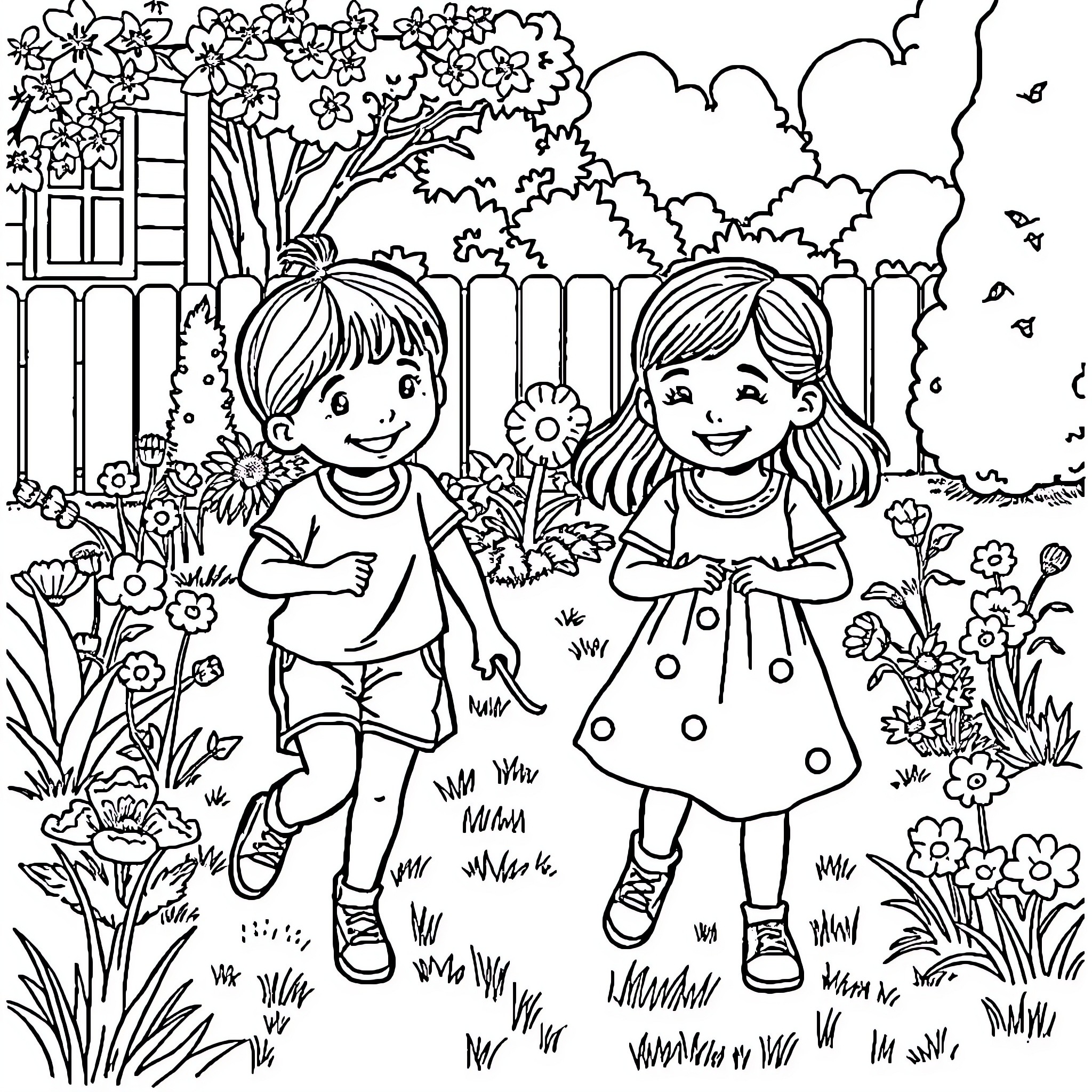 Sister's Joyful Play in the Floral Garden Coloring Page (free black-and-white line drawing printable PDF for all, from beginners to advanced learners, including children, teens, adults, and seniors)