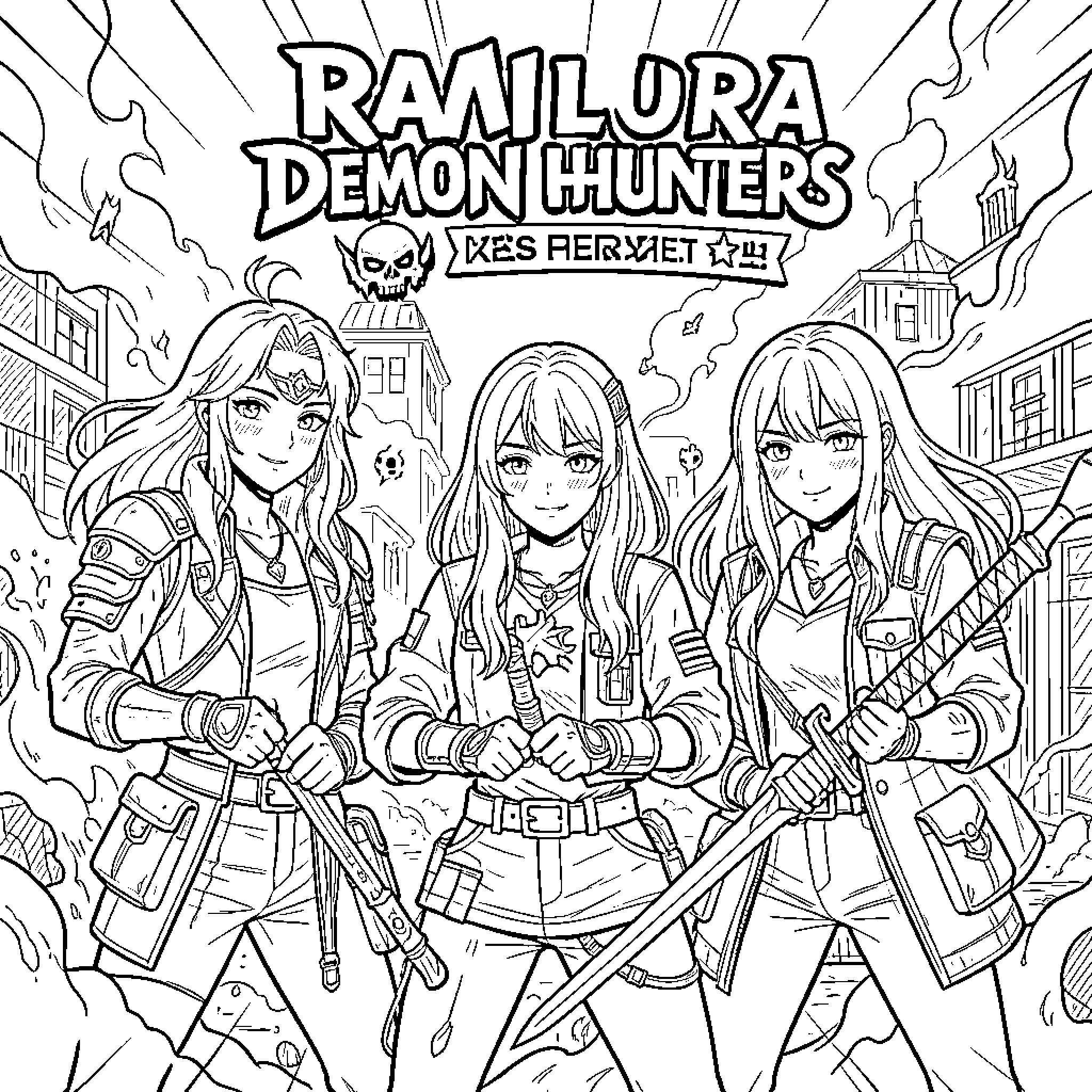 Kpop Demon Hunter trio wielding weapons with determined expressions Coloring Page (free black-and-white line drawing printable PDF for all, from beginners to advanced learners, including children, teens, adults, and seniors)