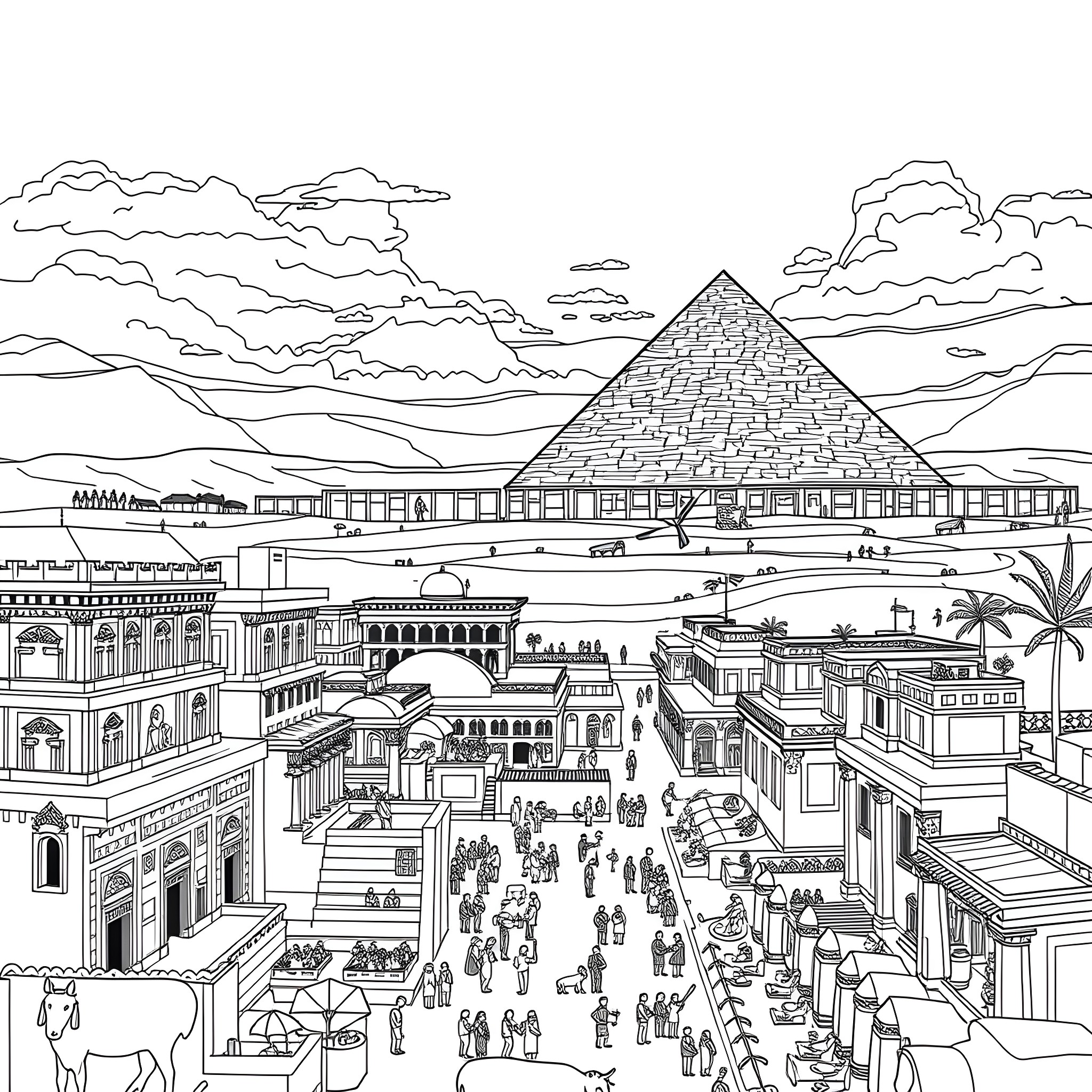Life in an Ancient Egyptian Desert City Coloring Page (free black-and-white line drawing printable PDF for all, from beginners to advanced learners, including children, teens, adults, and seniors)