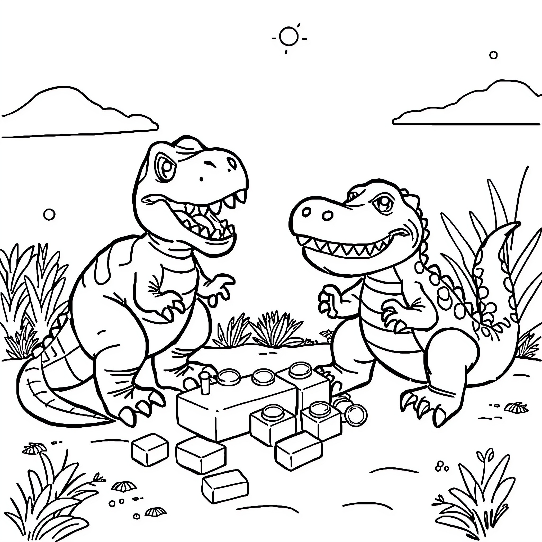 Dinosaurs playing with toys in nature Coloring Page (free black-and-white line drawing printable PDF for all, from beginners to advanced learners, including children, teens, adults, and seniors)