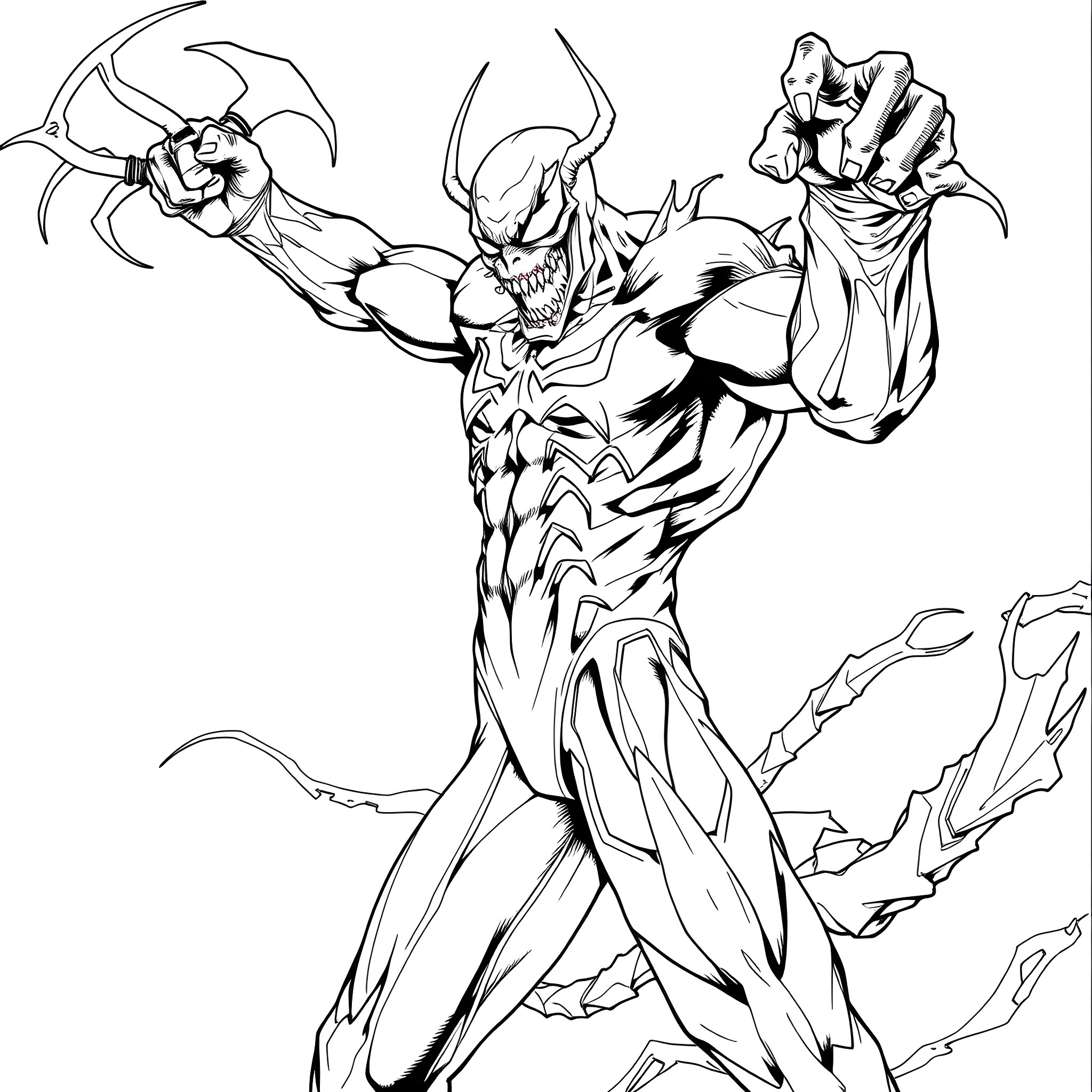 Bizarnage - Demonic entity unleashing its wrath Coloring Page (free black-and-white line drawing printable PDF for all, from beginners to advanced learners, including children, teens, adults, and seniors)