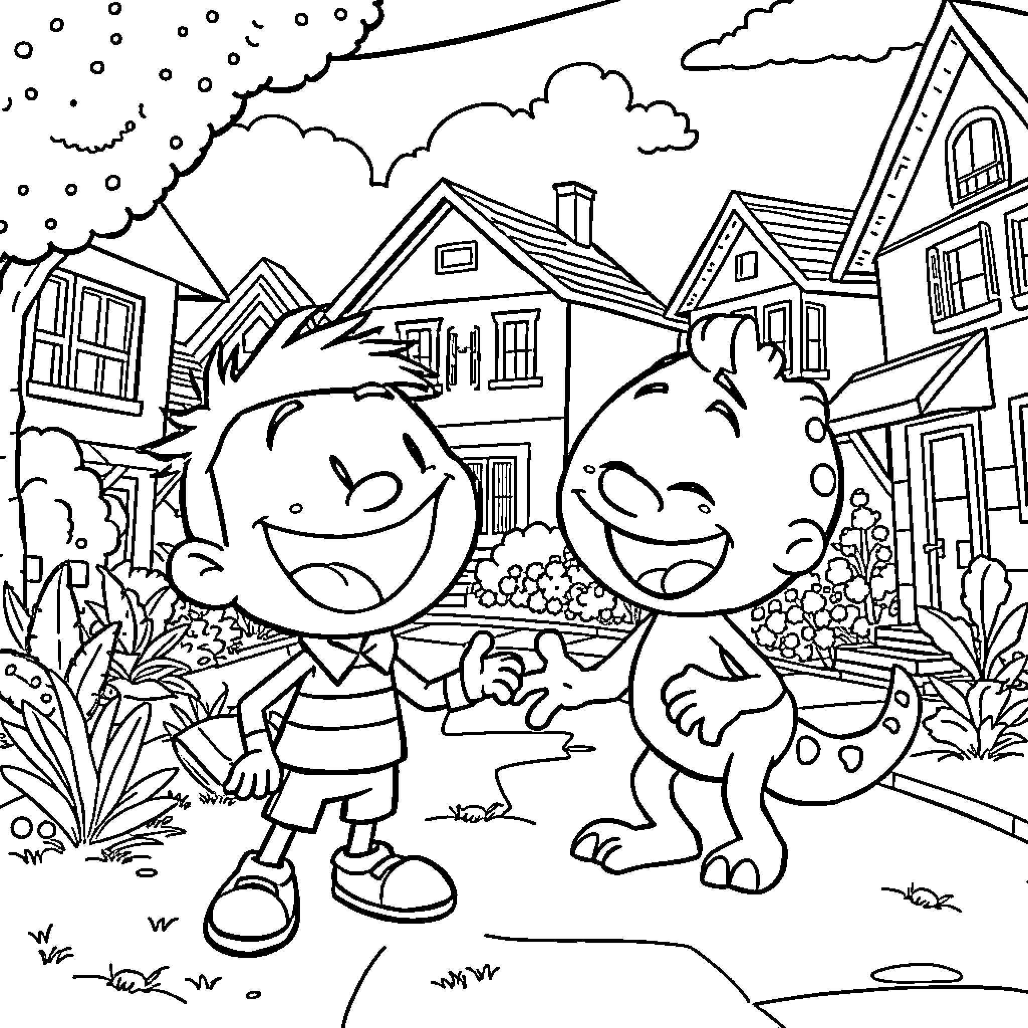 Gumball friends enjoying a day in the neighborhood Coloring Page (free black-and-white line drawing printable PDF for all, from beginners to advanced learners, including children, teens, adults, and seniors)