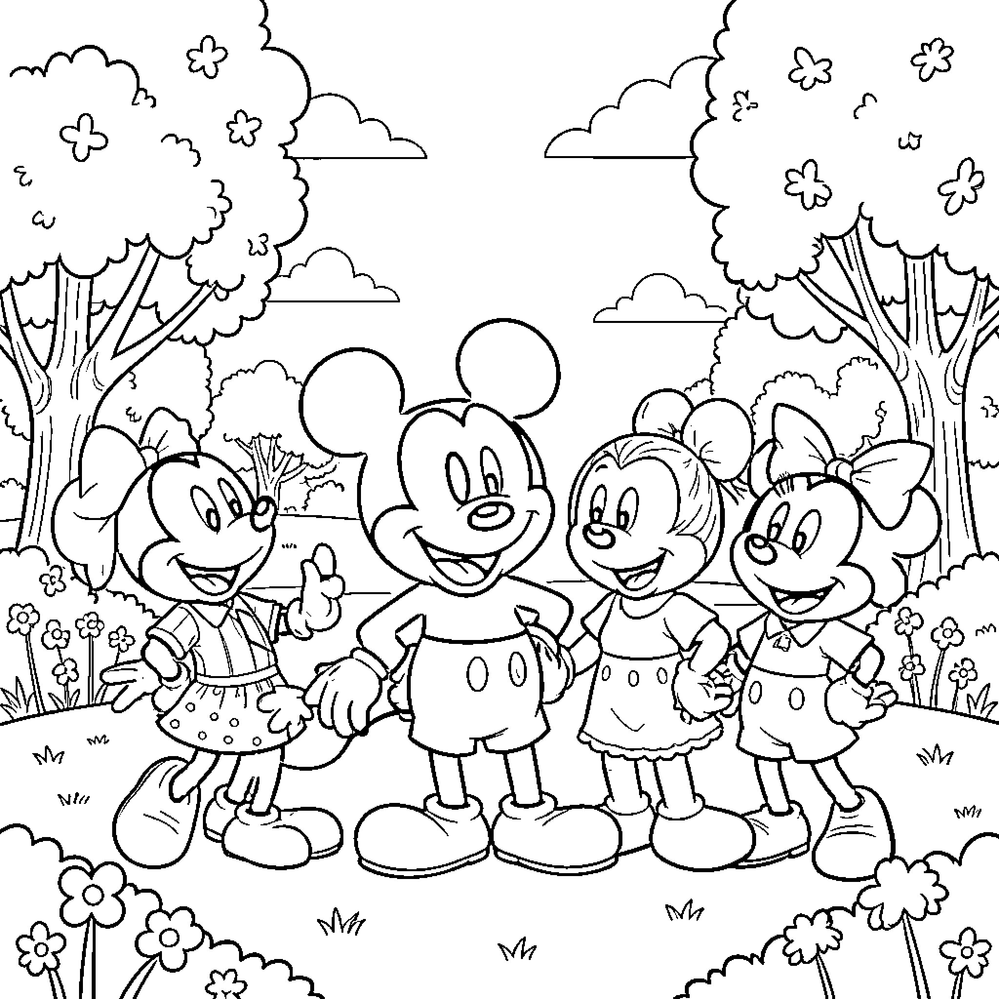 Mickey Mouse and friends in the park Coloring Page (free black-and-white line drawing printable PDF for all, from beginners to advanced learners, including children, teens, adults, and seniors)