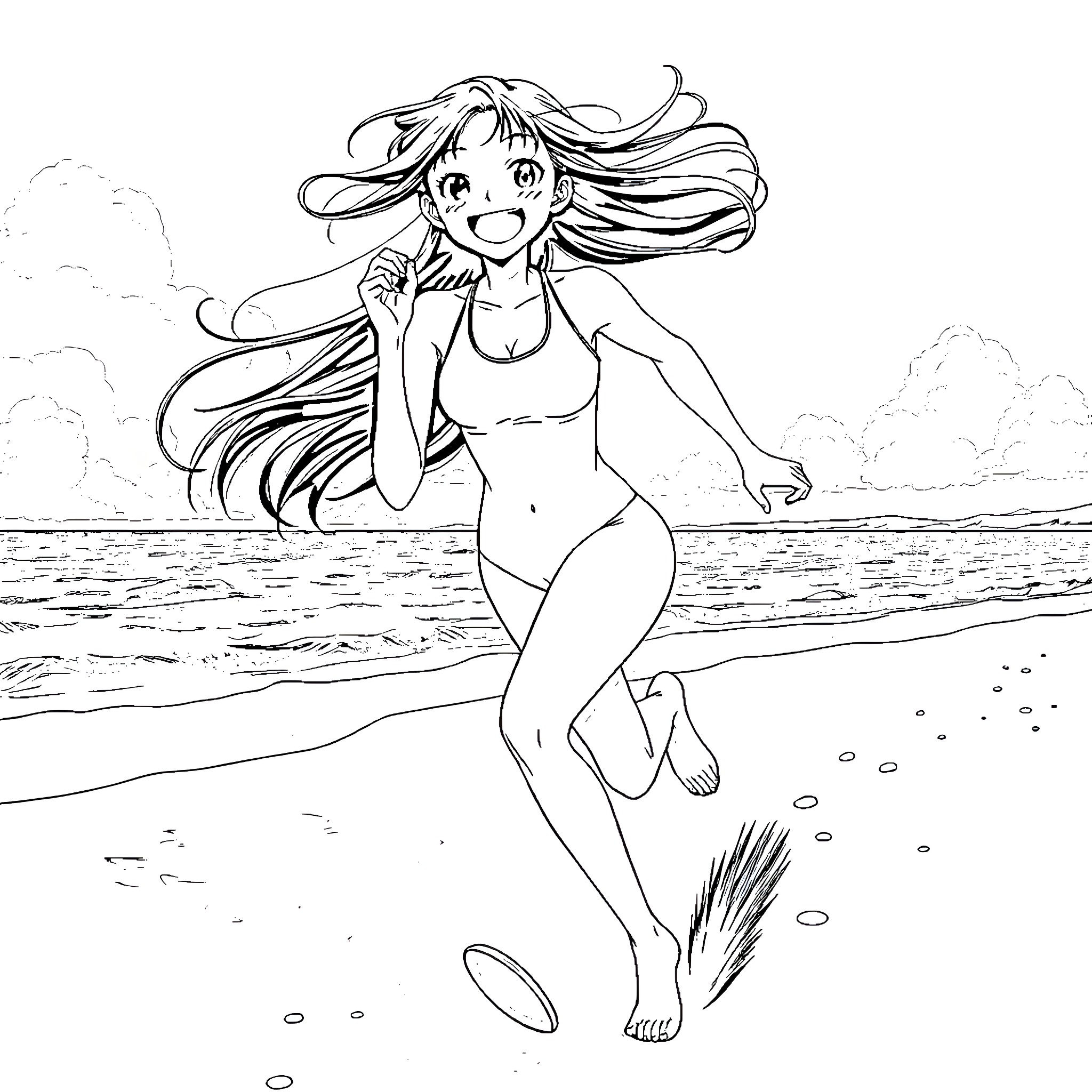 Nagatoro running playfully on the beach Coloring Page (free black-and-white line drawing printable PDF for all, from beginners to advanced learners, including children, teens, adults, and seniors)