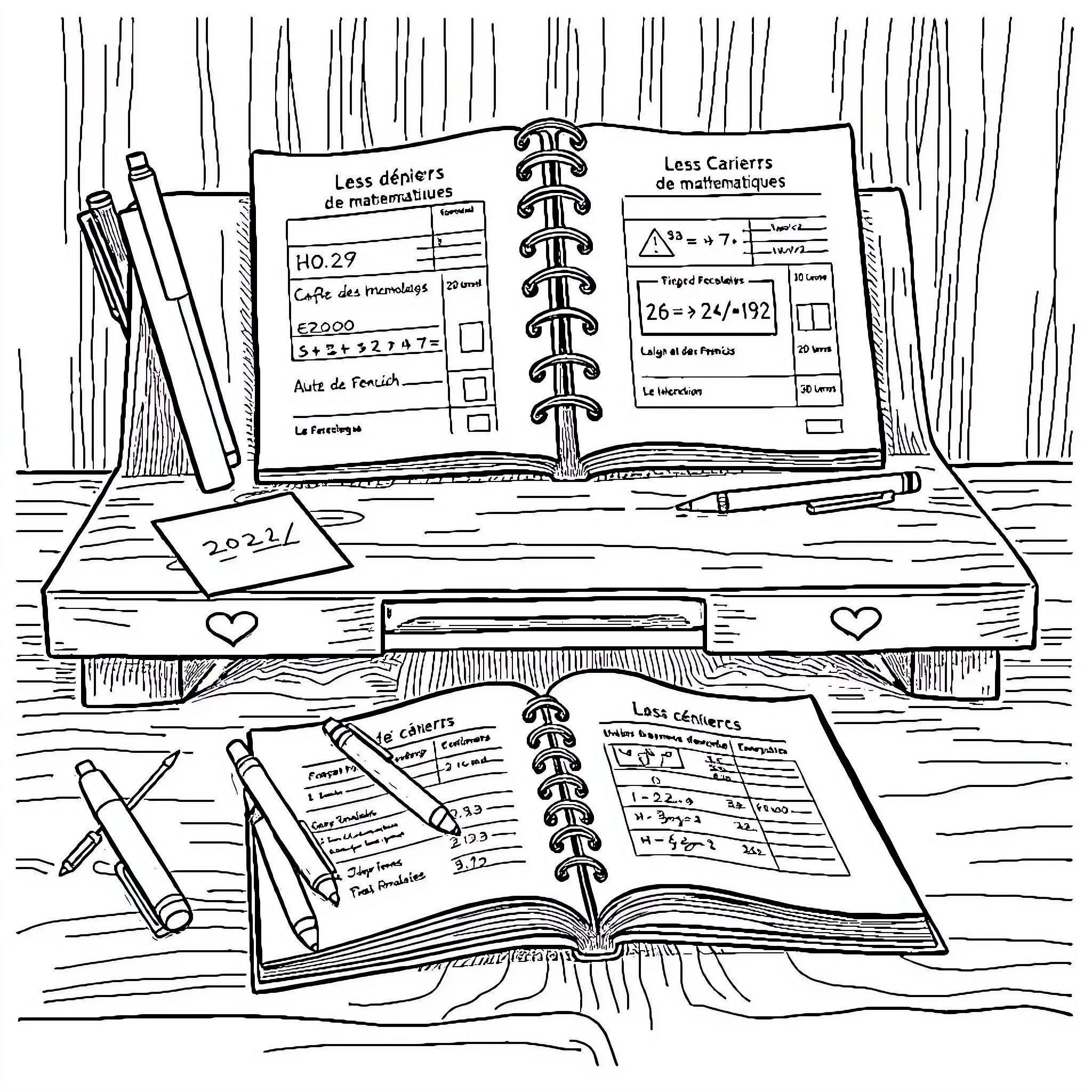 Cahier filled with academic subjects and school supplies Coloring Page (free black-and-white line drawing printable PDF for all, from beginners to advanced learners, including children, teens, adults, and seniors)
