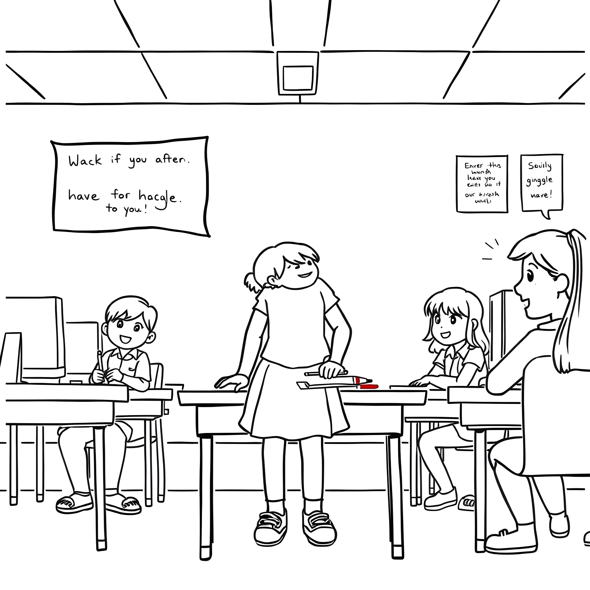 Girl Sitting Alone in Classroom with Motivational Posters Coloring Page (free black-and-white line drawing printable PDF for all, from beginners to advanced learners, including children, teens, adults, and seniors)