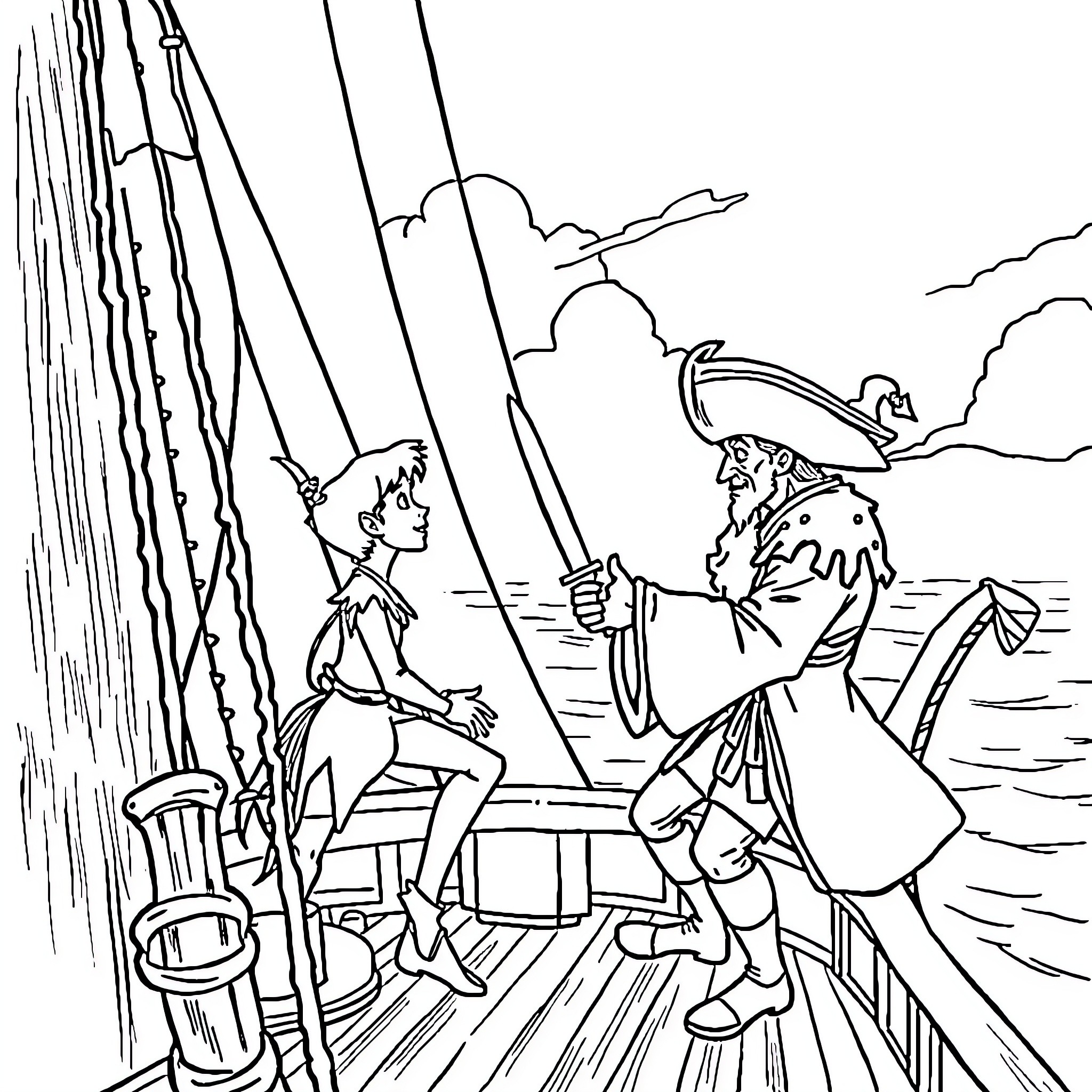 Peter Pan and Captain Hook's pirate ship adventure Coloring Page (free black-and-white line drawing printable PDF for all, from beginners to advanced learners, including children, teens, adults, and seniors)