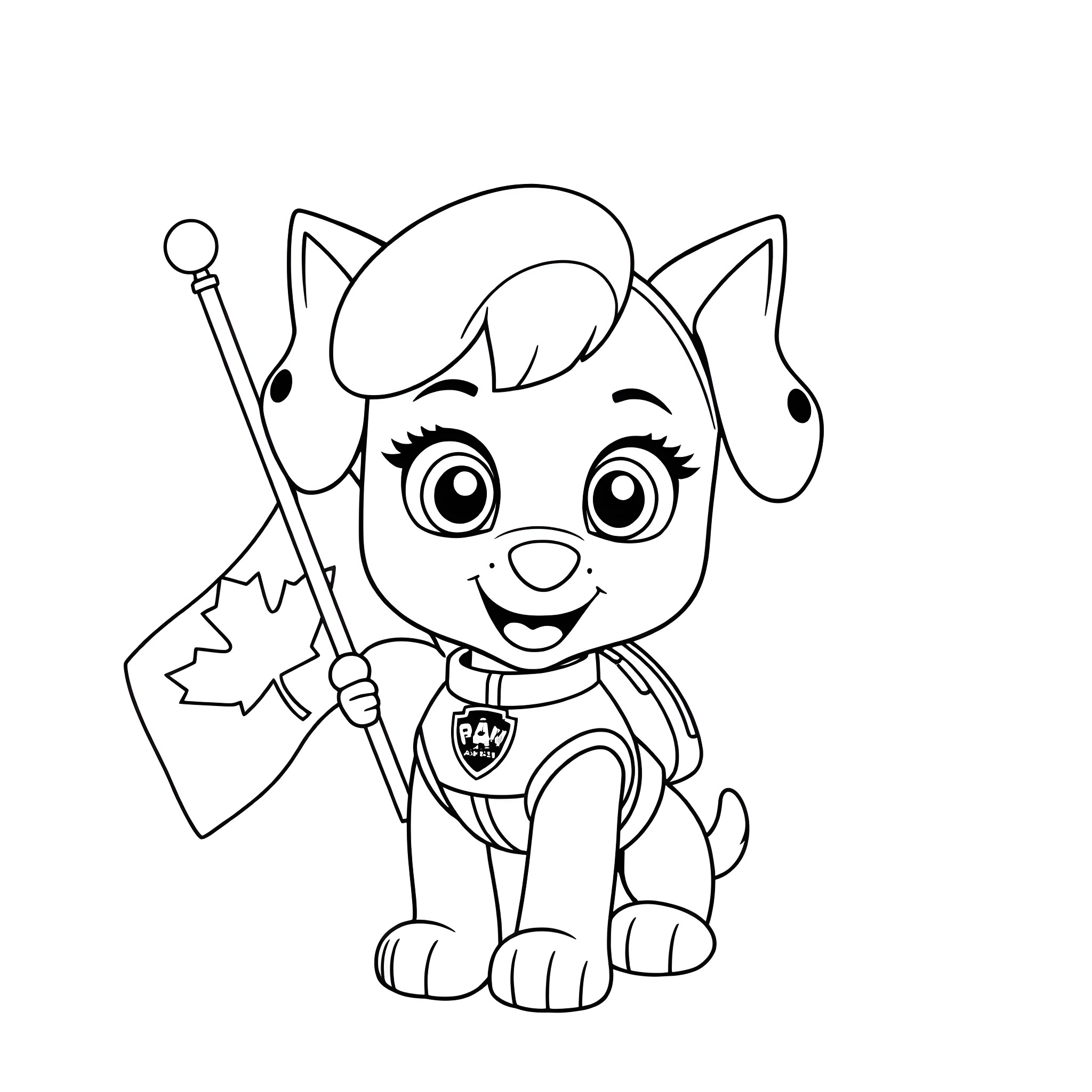 Stella the Pup Waving the Flag Happily Coloring Page (free black-and-white line drawing printable PDF for all, from beginners to advanced learners, including children, teens, adults, and seniors)