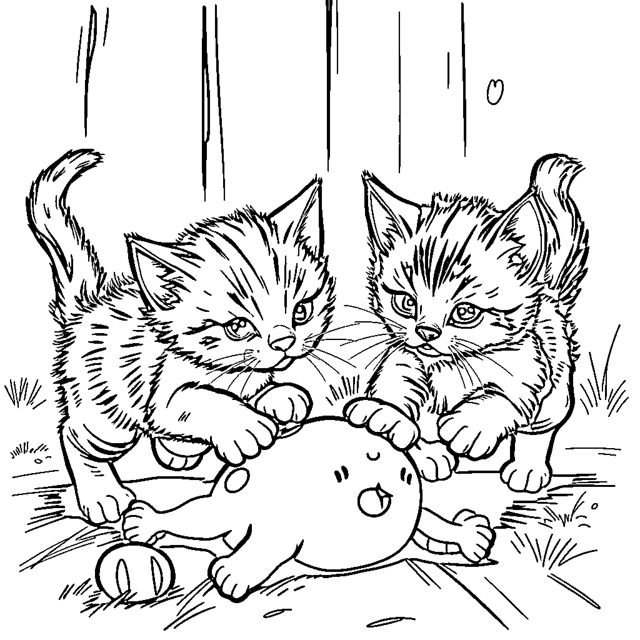 Kittens playing with a toy ball in the grass Coloring Page (free black-and-white line drawing printable PDF for all, from beginners to advanced learners, including children, teens, adults, and seniors)