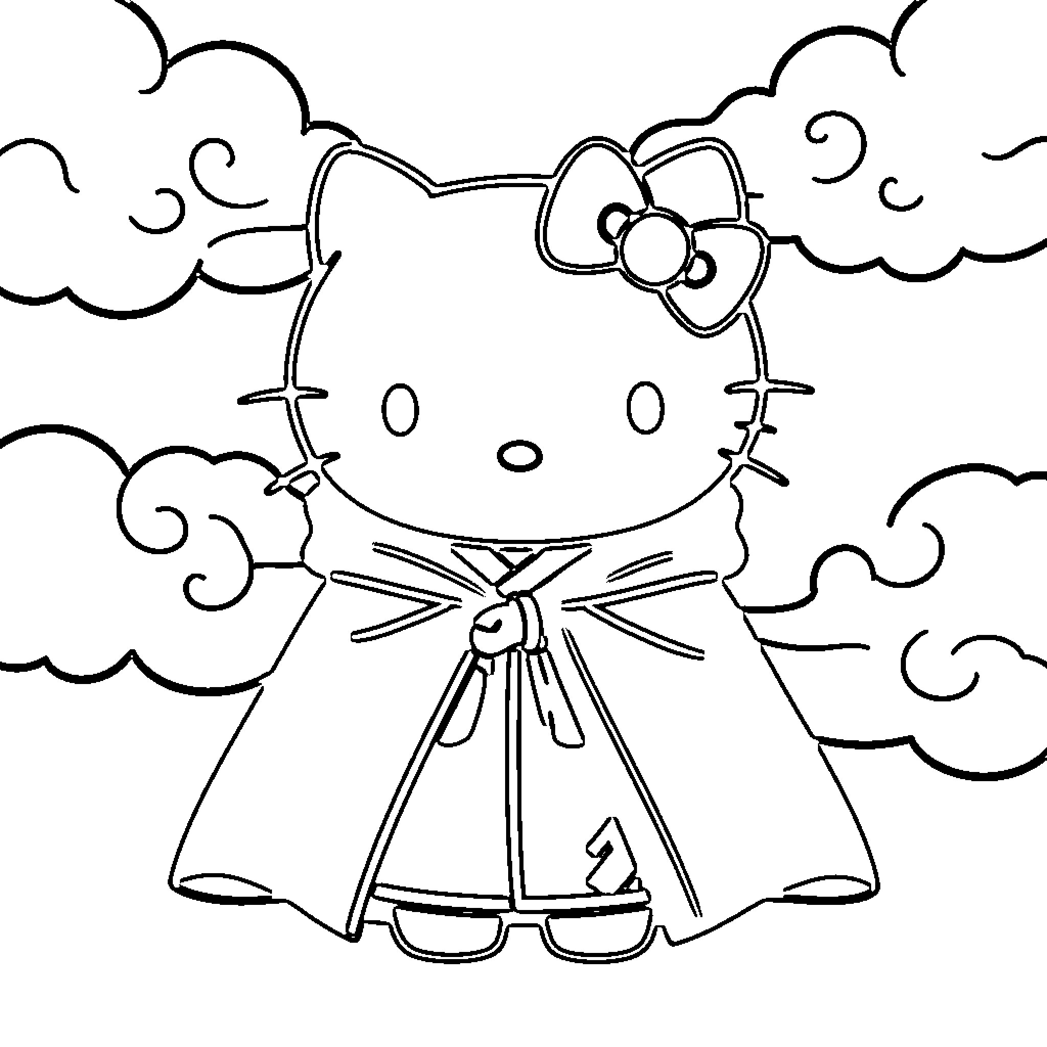 Hello Kitty in a raincoat admiring the clouds Coloring Page (free black-and-white line drawing printable PDF for all, from beginners to advanced learners, including children, teens, adults, and seniors)