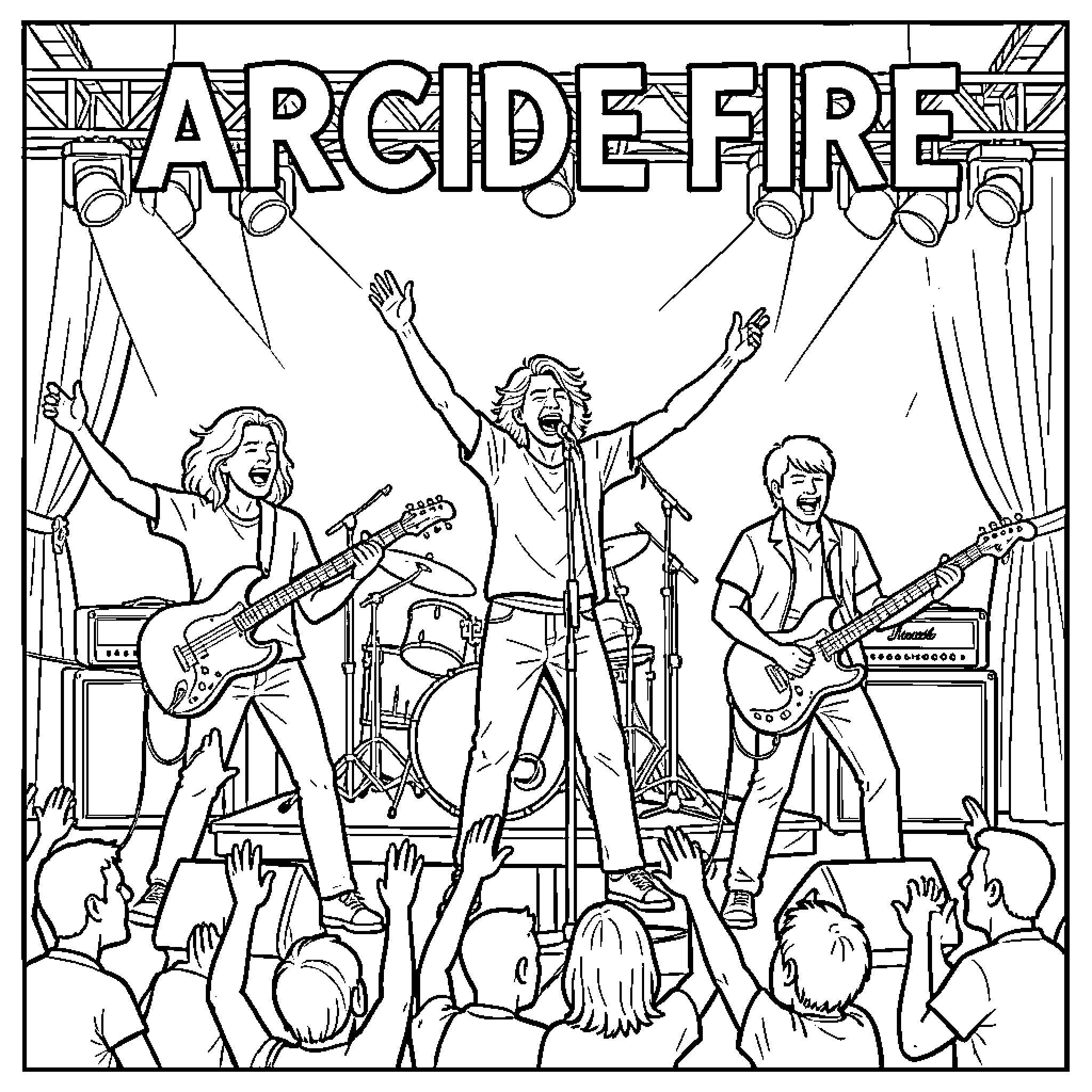 Arcade Fire: Energetic Band Performance on Stage Coloring Page (free black-and-white line drawing printable PDF for all, from beginners to advanced learners, including children, teens, adults, and seniors)
