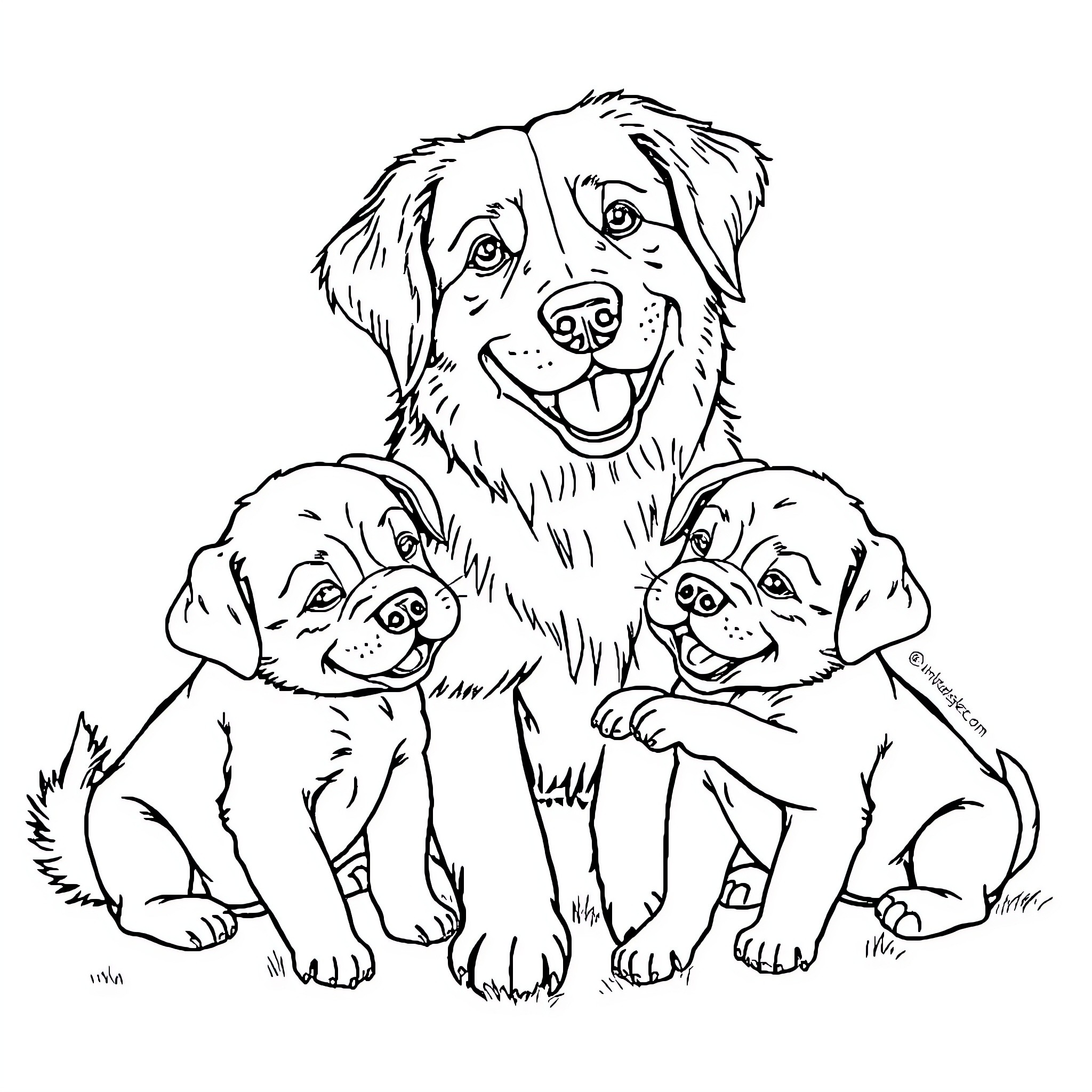 Dog and puppies playing together Coloring Page (free black-and-white line drawing printable PDF for all, from beginners to advanced learners, including children, teens, adults, and seniors)