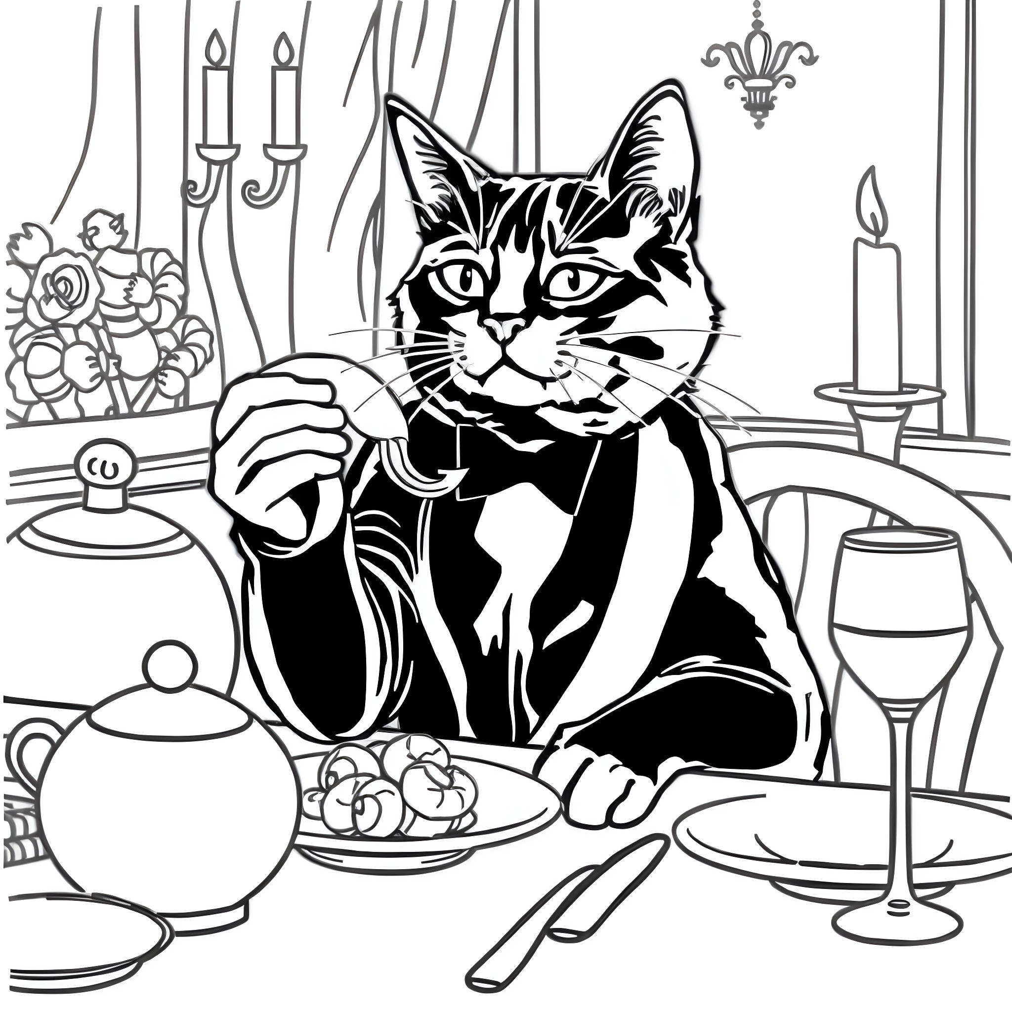 Cat enjoying a fancy dinner in an elegant setting Coloring Page (free black-and-white line drawing printable PDF for all, from beginners to advanced learners, including children, teens, adults, and seniors)