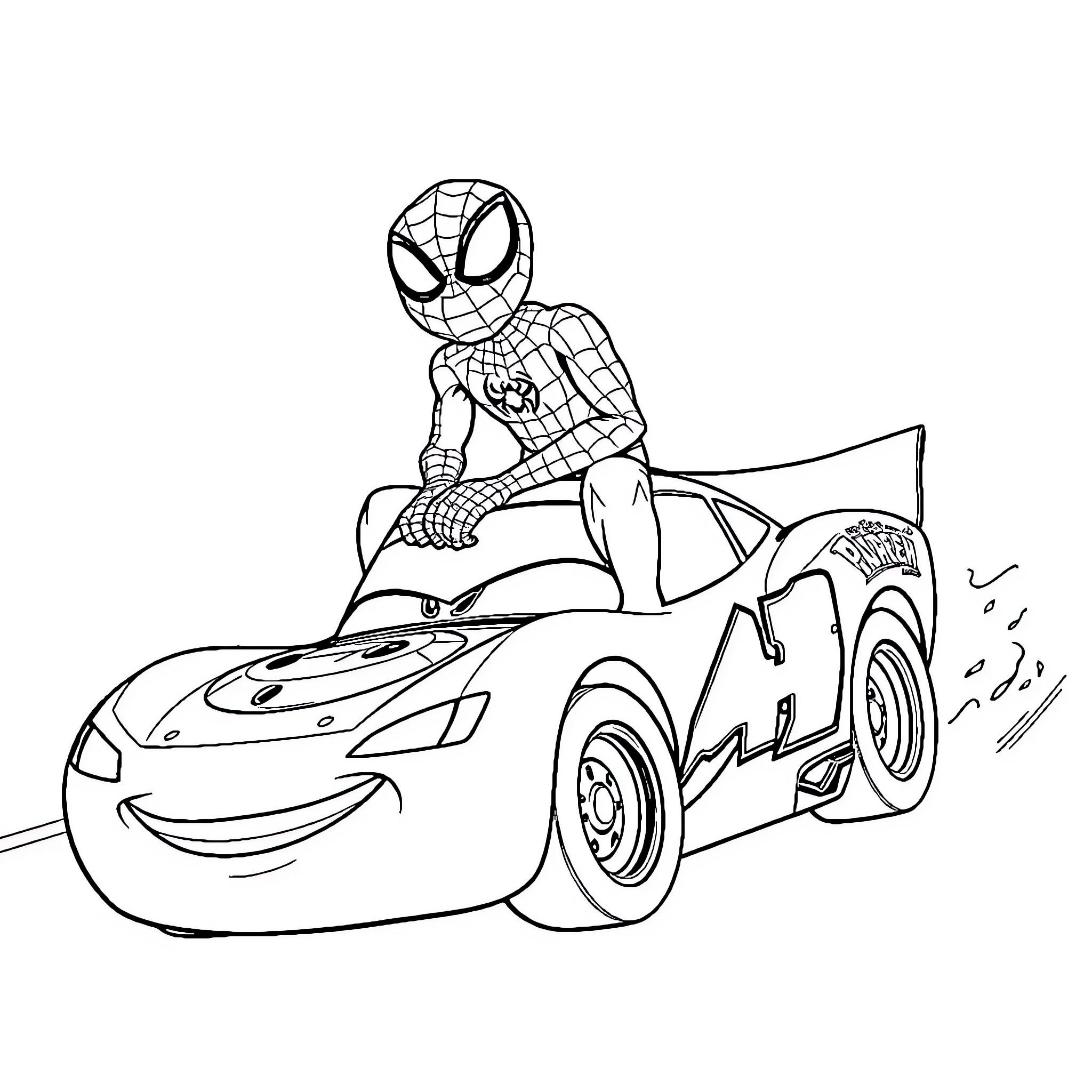 Spidey Zipping Through the City in a Race Car Coloring Page (free black-and-white line drawing printable PDF for all, from beginners to advanced learners, including children, teens, adults, and seniors)