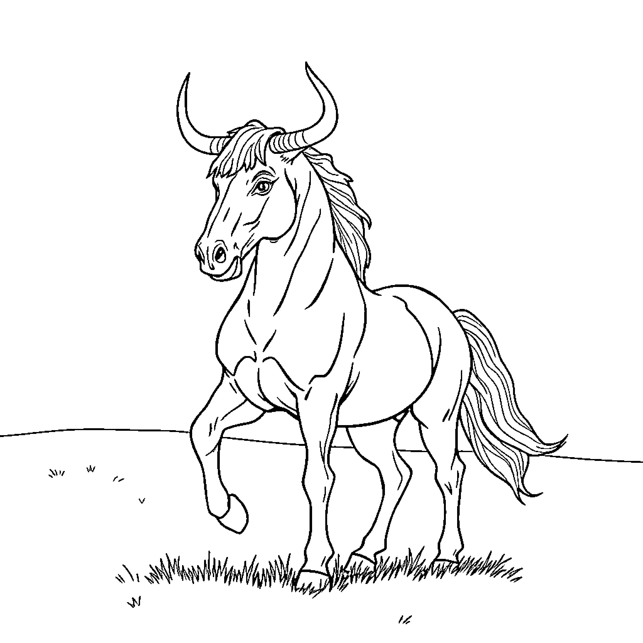Canotauro stallion in a natural outdoor setting Coloring Page (free black-and-white line drawing printable PDF for all, from beginners to advanced learners, including children, teens, adults, and seniors)