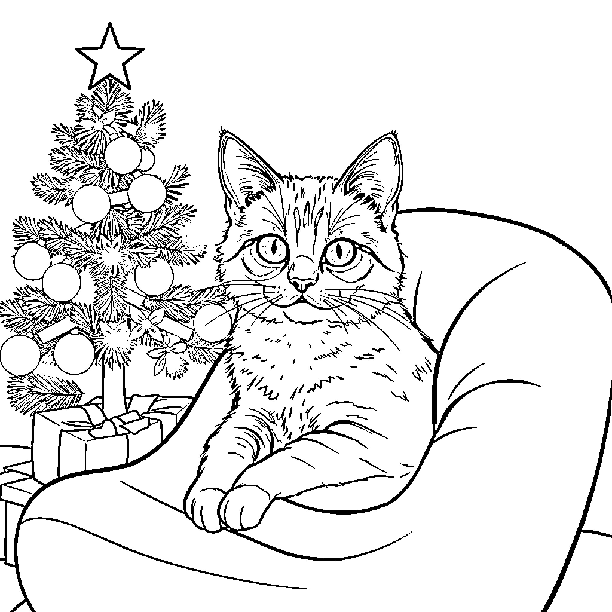 Gato relaxing by Christmas tree Coloring Page (free black-and-white line drawing printable PDF for all, from beginners to advanced learners, including children, teens, adults, and seniors)