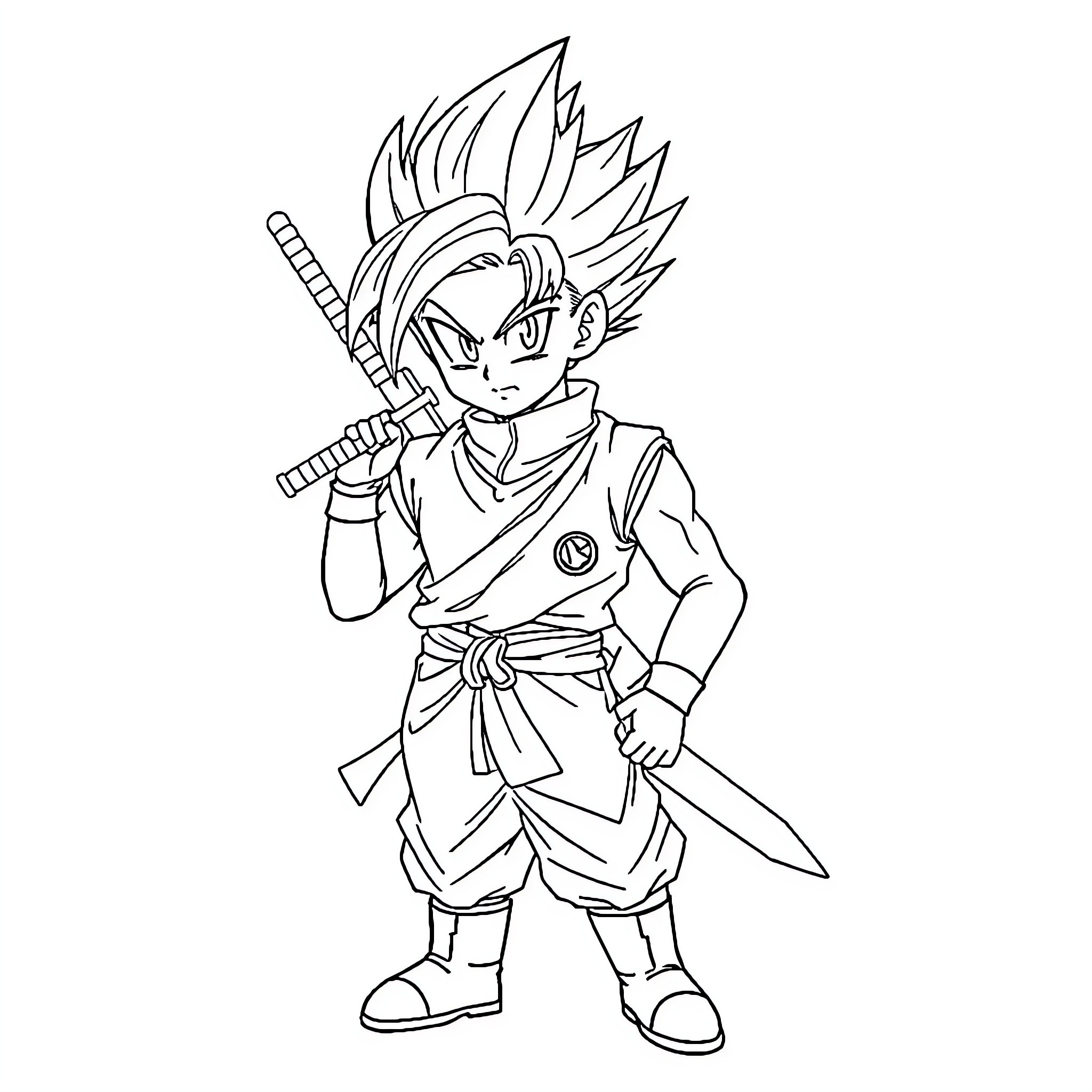 Trunks wielding swords in a fighting stance Coloring Page (free black-and-white line drawing printable PDF for all, from beginners to advanced learners, including children, teens, adults, and seniors)