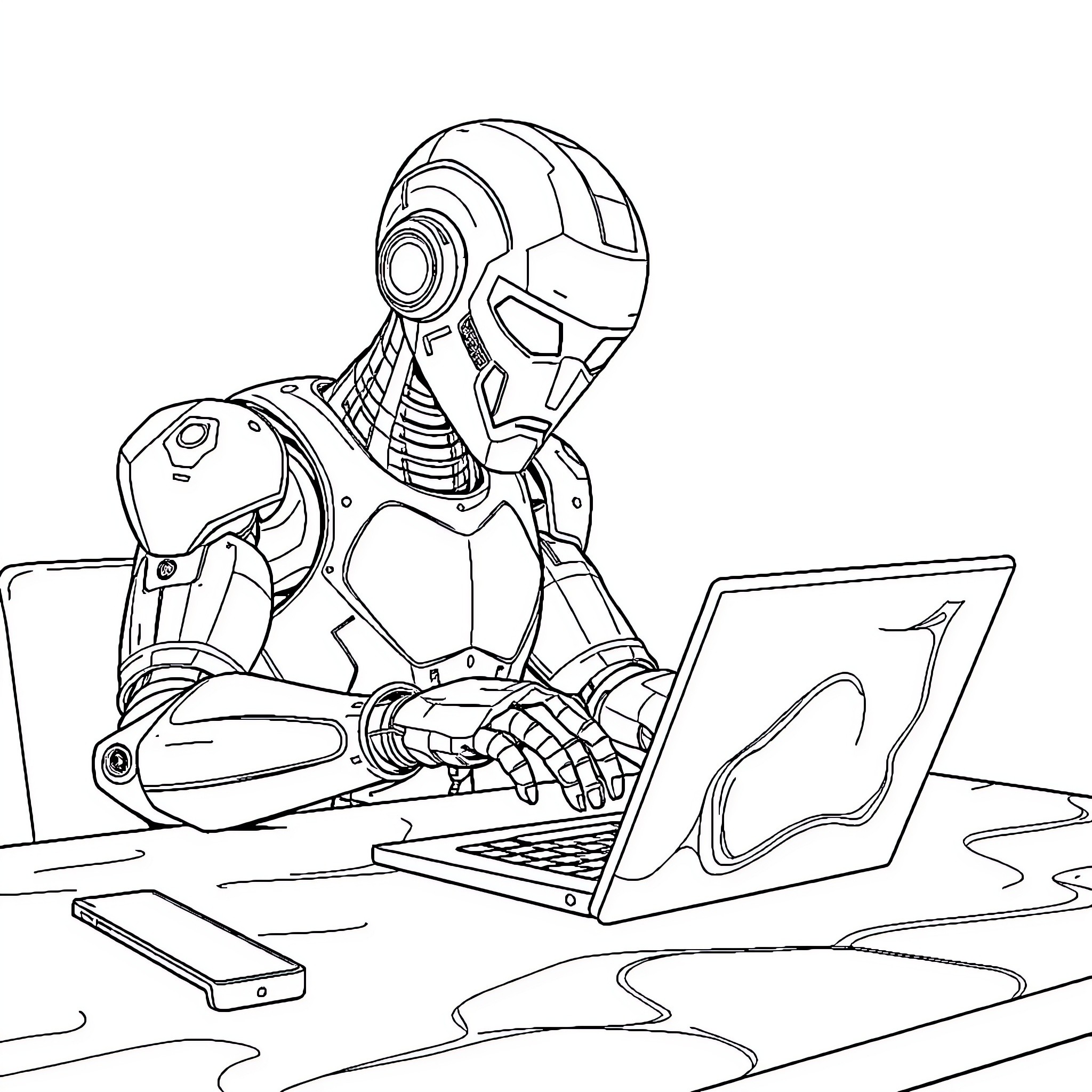 Robot working diligently on laptop computer Coloring Page (free black-and-white line drawing printable PDF for all, from beginners to advanced learners, including children, teens, adults, and seniors)
