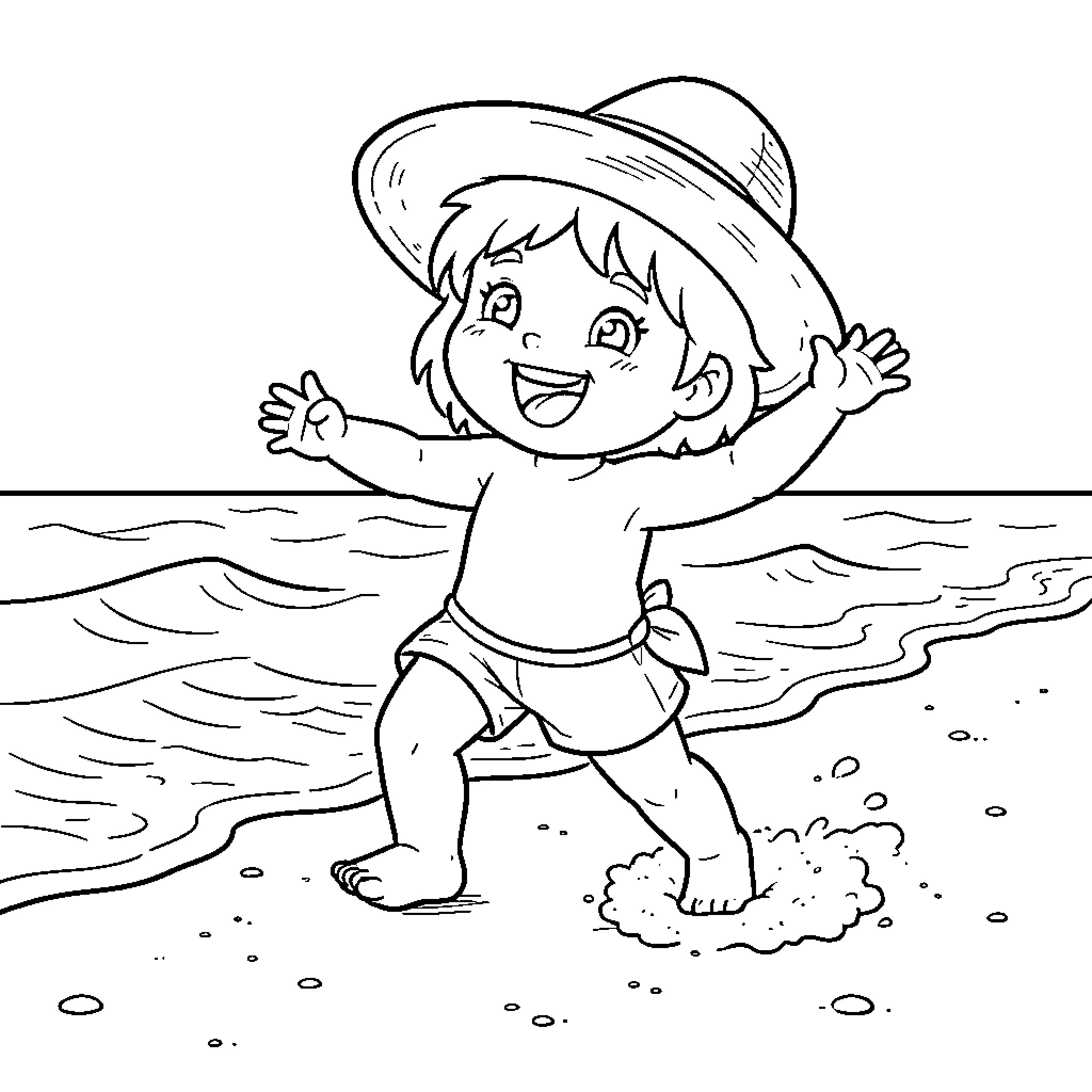 Nave happy child playing on the beach with a hat Coloring Page (free black-and-white line drawing printable PDF for all, from beginners to advanced learners, including children, teens, adults, and seniors)