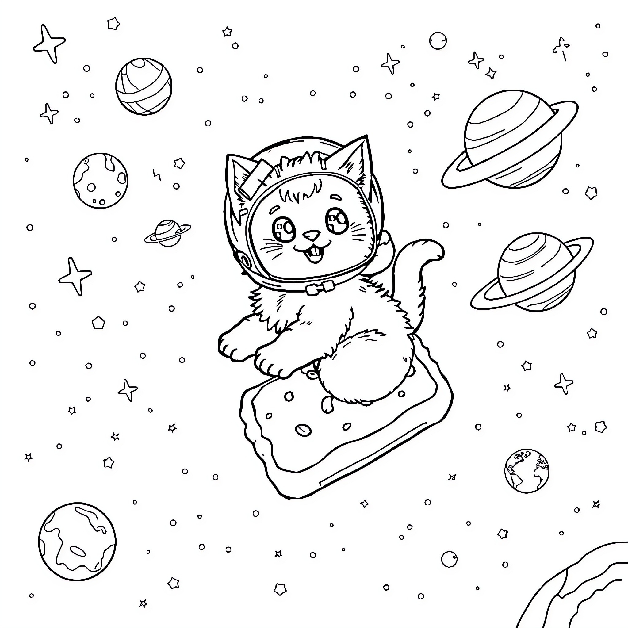 Cat astronaut exploring space with planets Coloring Page (free black-and-white line drawing printable PDF for all, from beginners to advanced learners, including children, teens, adults, and seniors)
