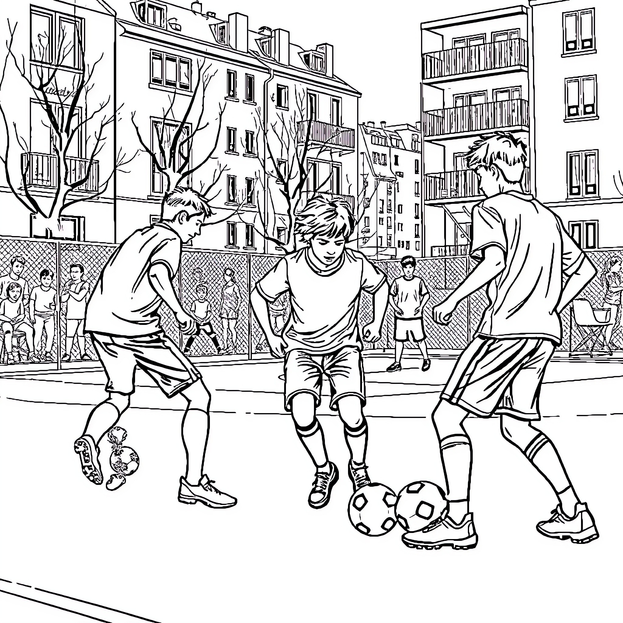 Futsal game in the city street Coloring Page (free black-and-white line drawing printable PDF for all, from beginners to advanced learners, including children, teens, adults, and seniors)