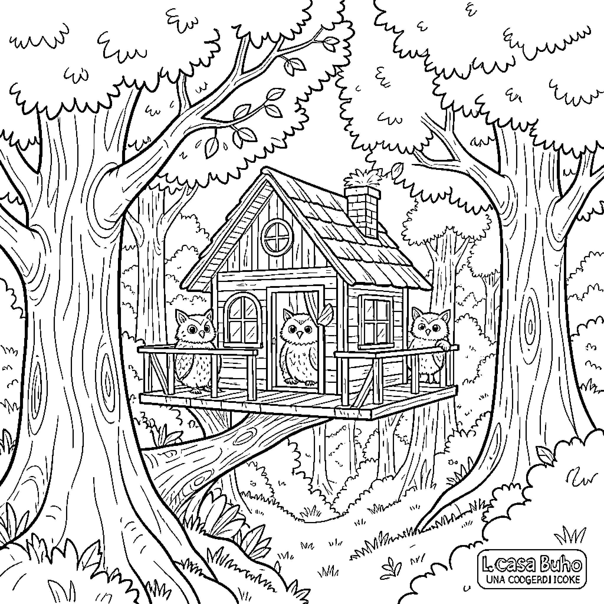 Owl House with Animals Enjoying Nature Coloring Page (free black-and-white line drawing printable PDF for all, from beginners to advanced learners, including children, teens, adults, and seniors)