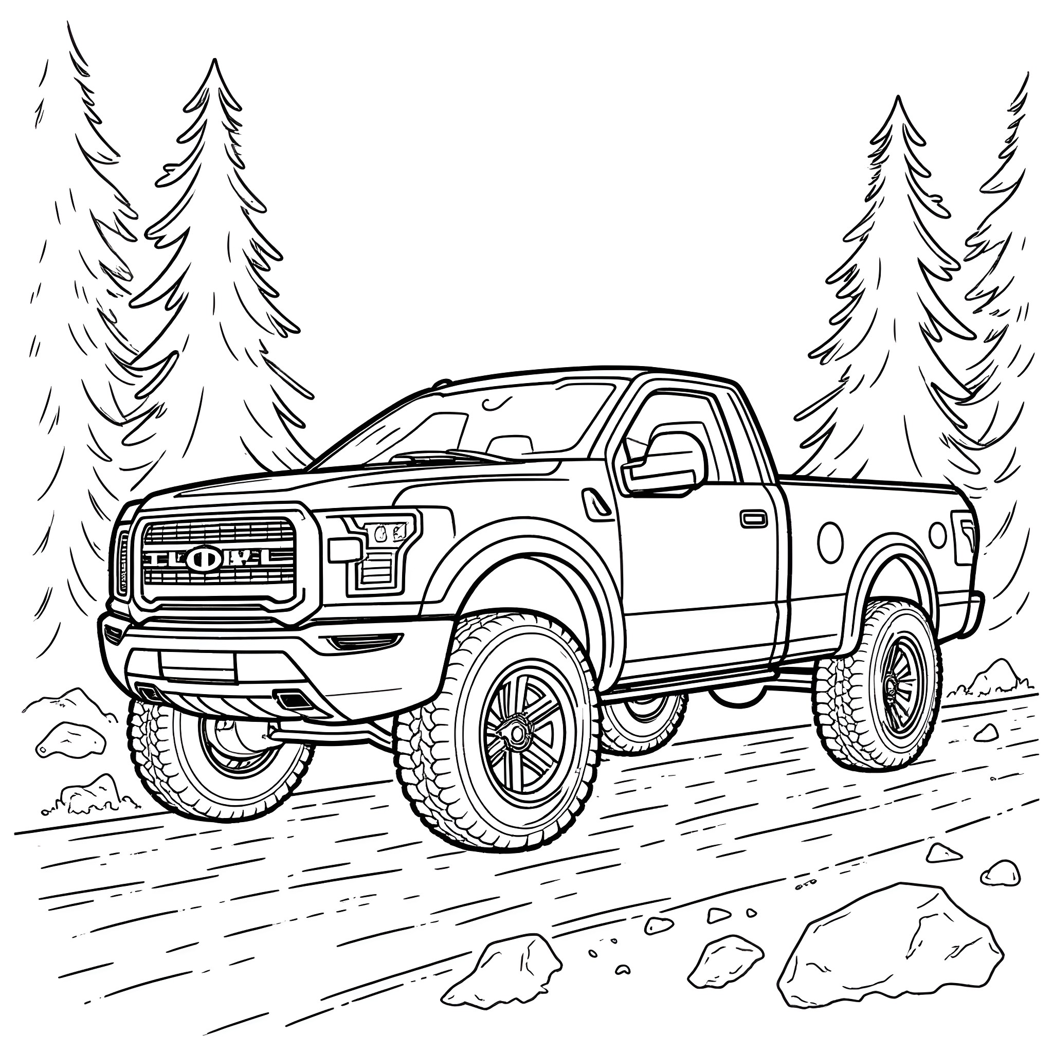 Pickup Truck in the Wilderness Coloring Page (free black-and-white line drawing printable PDF for all, from beginners to advanced learners, including children, teens, adults, and seniors)