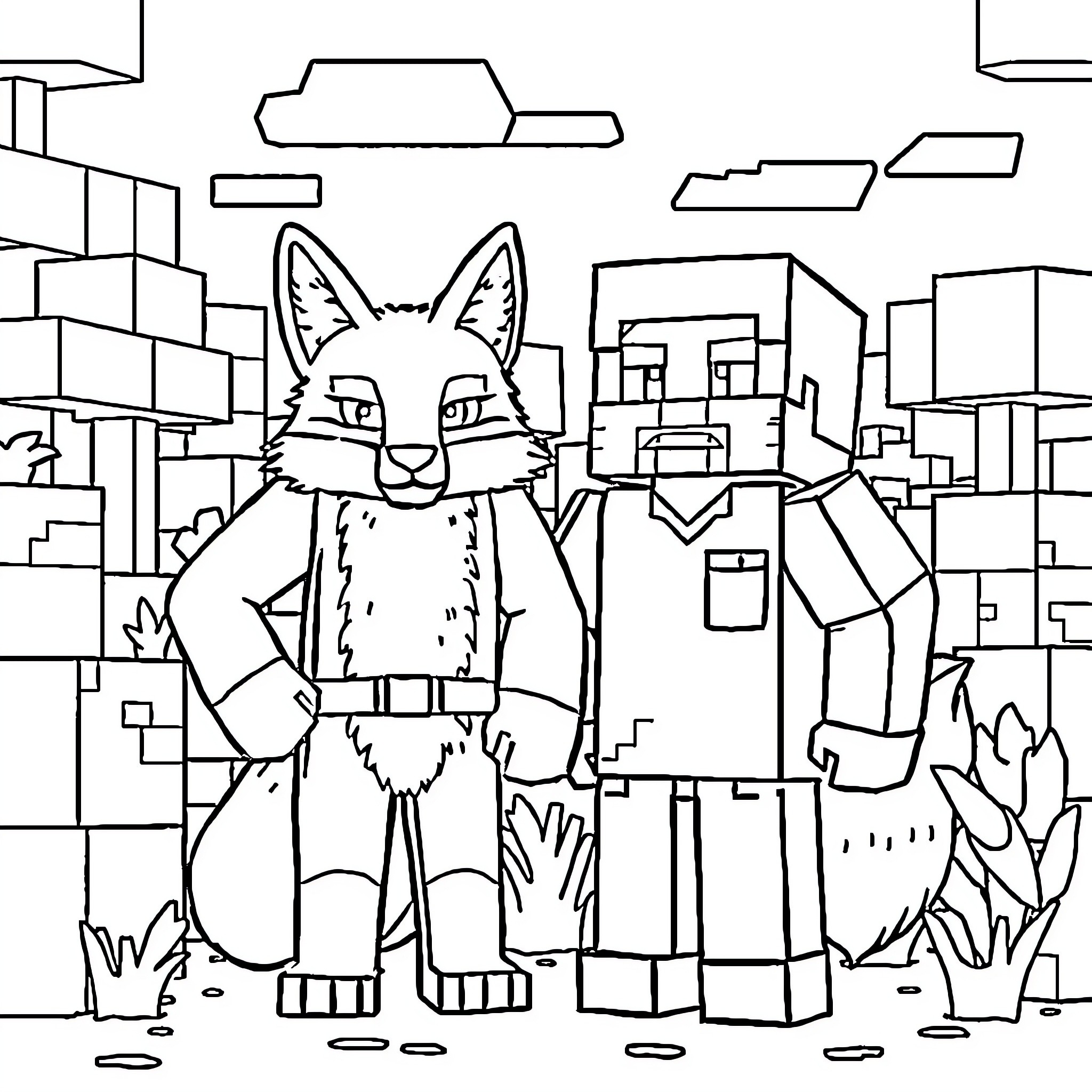 Fox and Robot Friends in the City Coloring Page (free black-and-white line drawing printable PDF for all, from beginners to advanced learners, including children, teens, adults, and seniors)