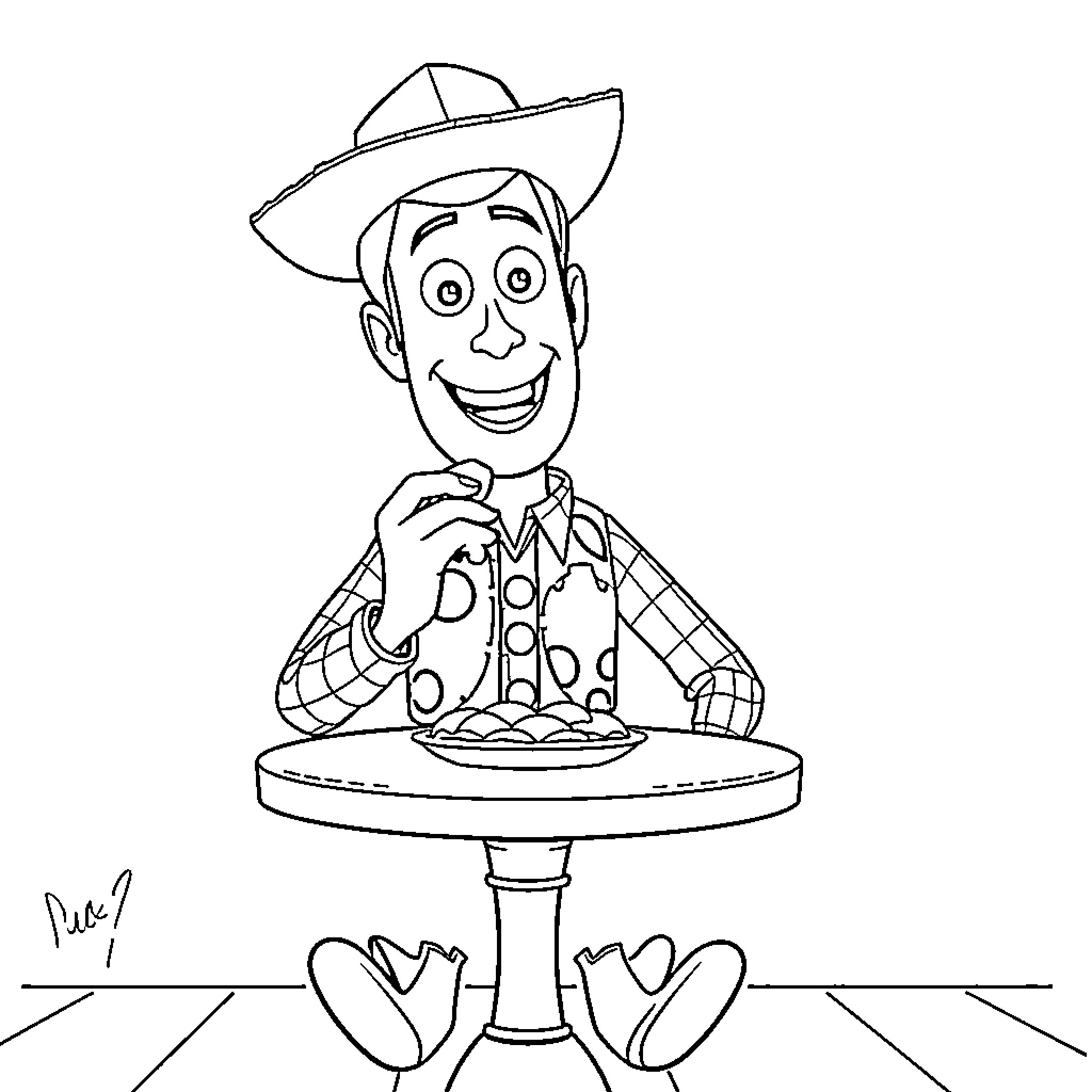 Woody enjoying a meal at the table Coloring Page (free black-and-white line drawing printable PDF for all, from beginners to advanced learners, including children, teens, adults, and seniors)
