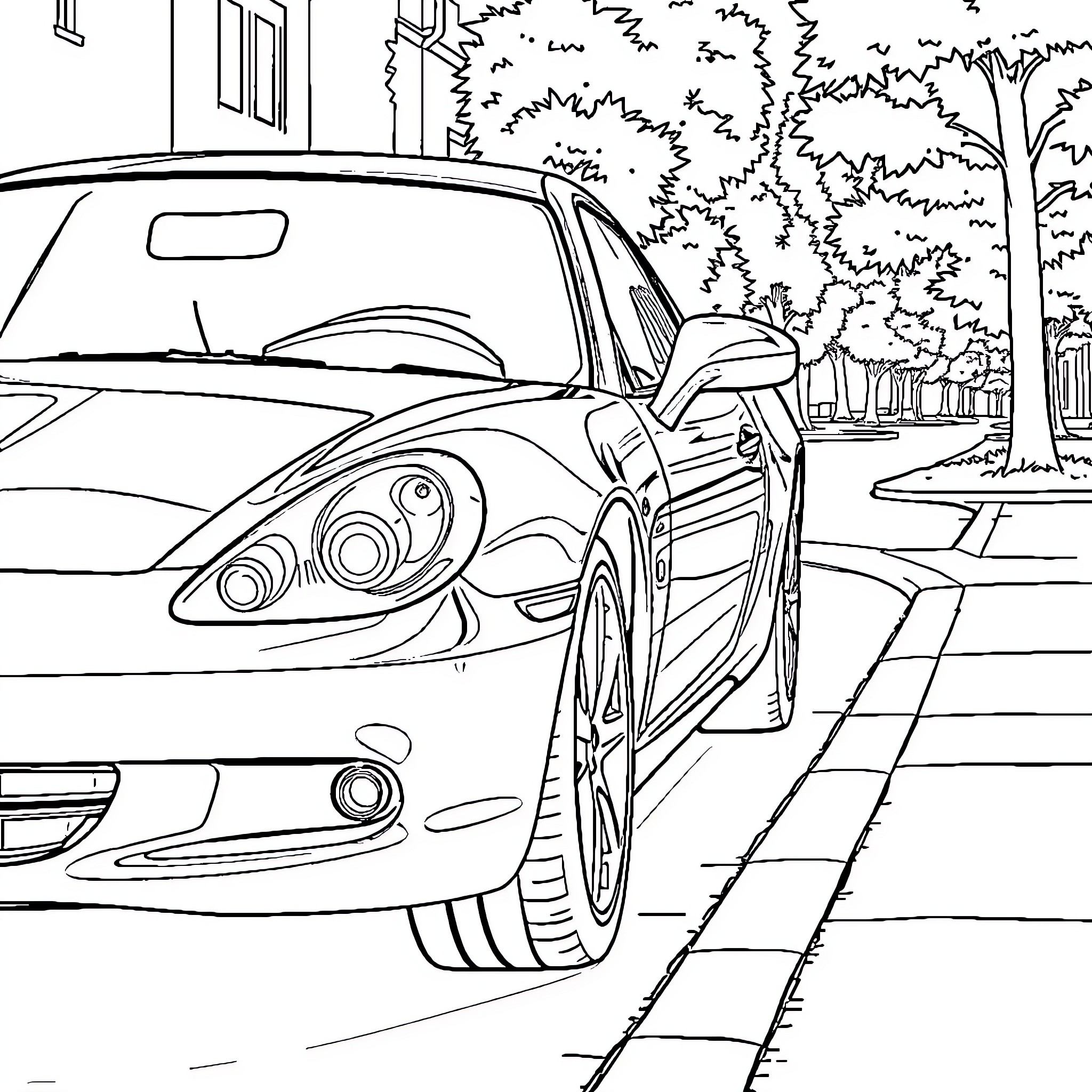 Car parked on a city street Coloring Page (free black-and-white line drawing printable PDF for all, from beginners to advanced learners, including children, teens, adults, and seniors)