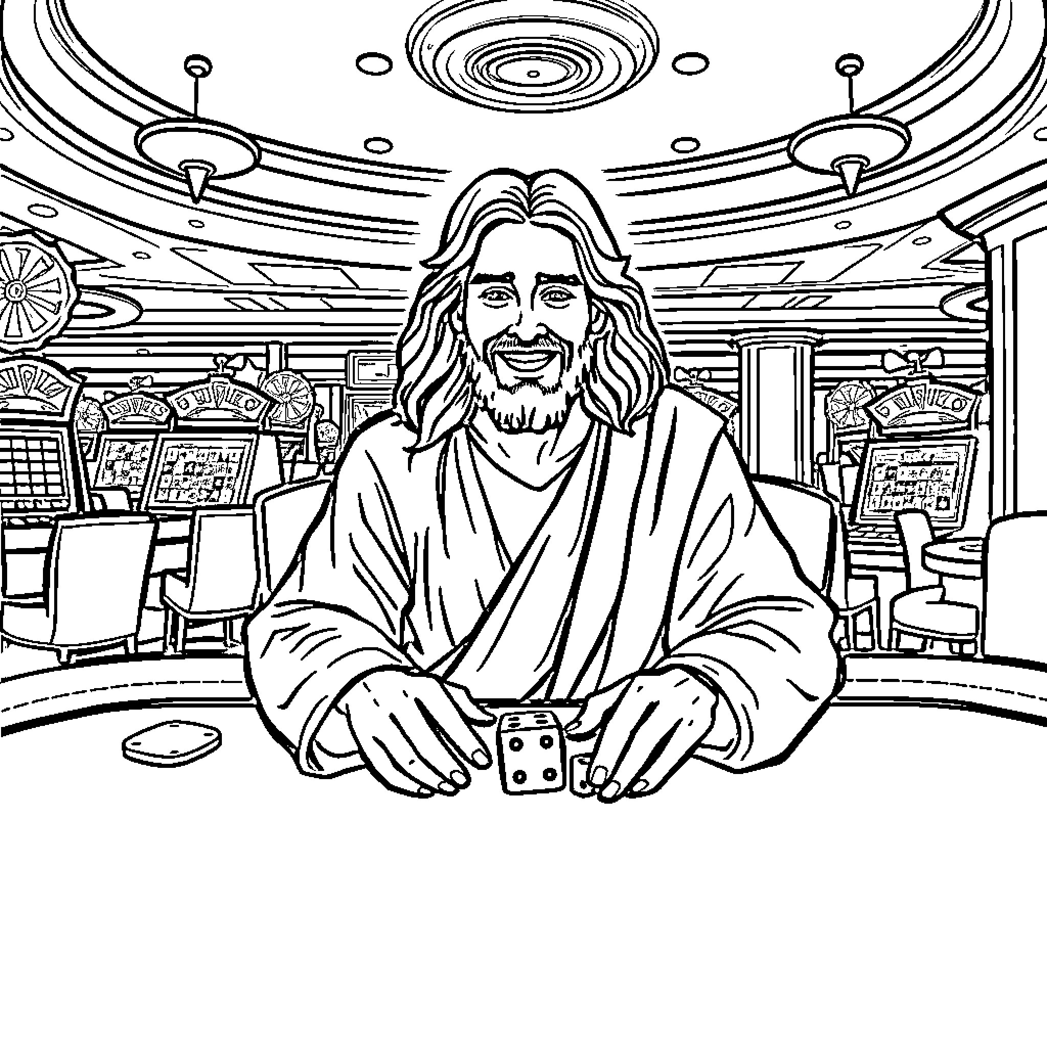Jesus playing dice in an extravagant casino Coloring Page (free black-and-white line drawing printable PDF for all, from beginners to advanced learners, including children, teens, adults, and seniors)