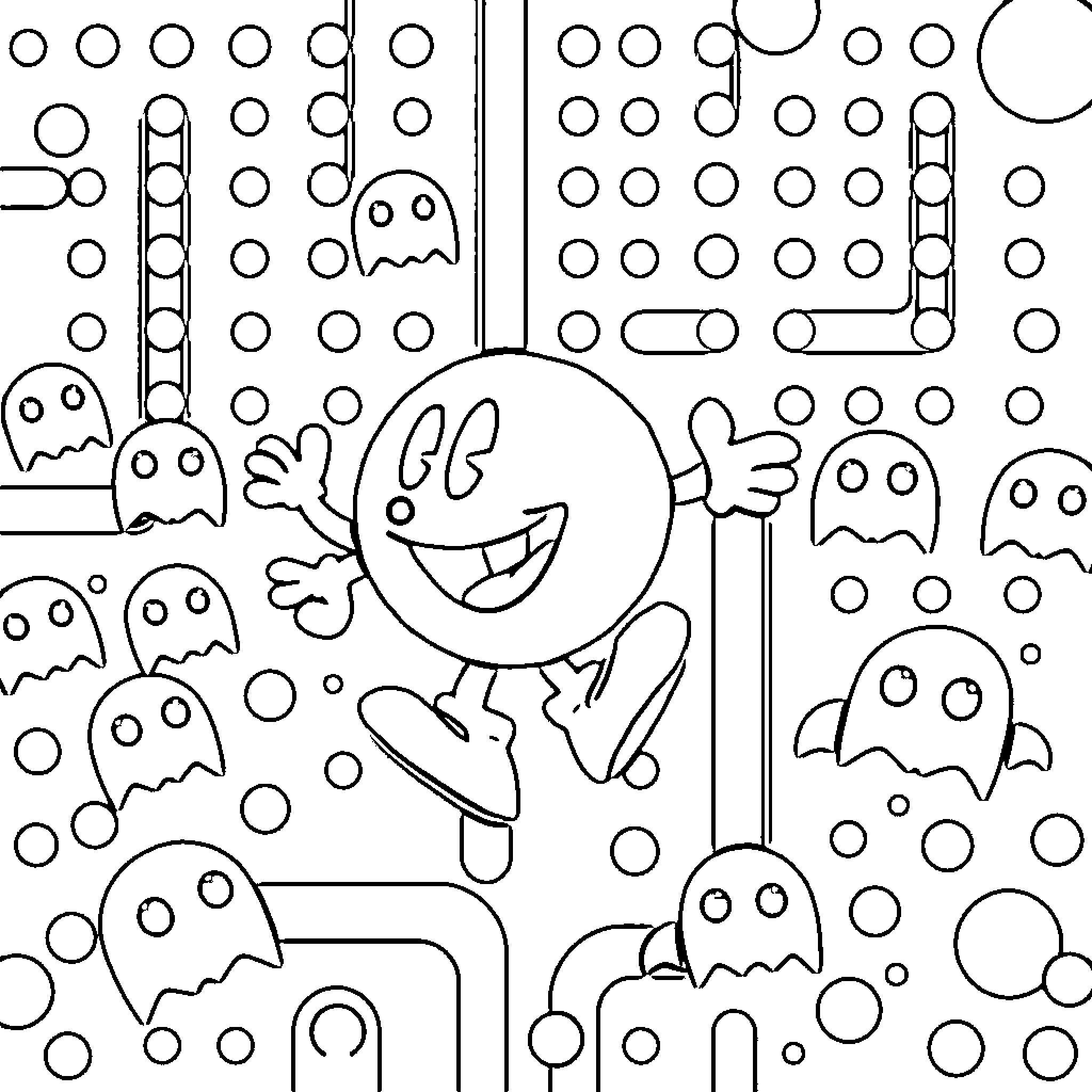 Pacman celebrating with ghostly friends Coloring Page (free black-and-white line drawing printable PDF for all, from beginners to advanced learners, including children, teens, adults, and seniors)