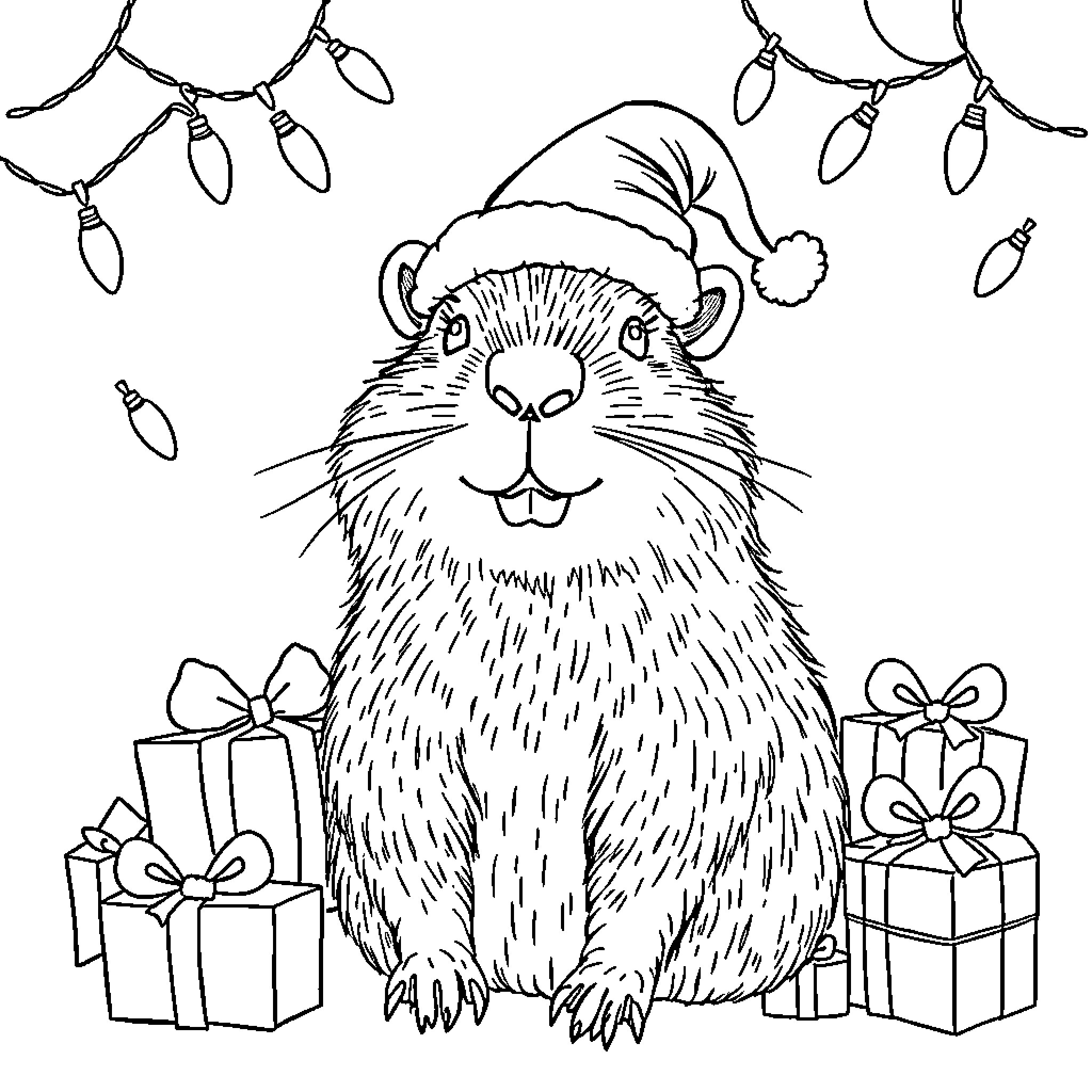 Capybara celebrating Christmas with gifts Coloring Page (free black-and-white line drawing printable PDF for all, from beginners to advanced learners, including children, teens, adults, and seniors)