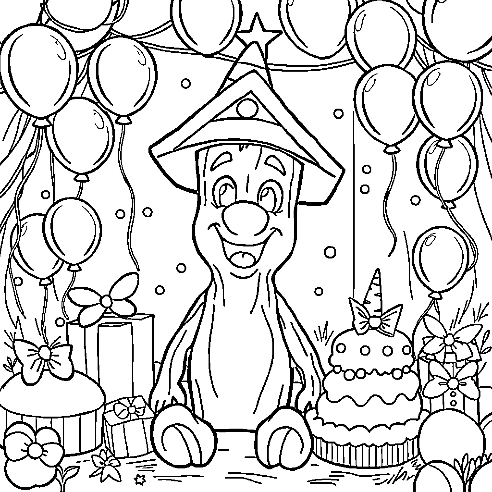 Woody's Joyful Party with Balloons and Gifts Coloring Page (free black-and-white line drawing printable PDF for all, from beginners to advanced learners, including children, teens, adults, and seniors)