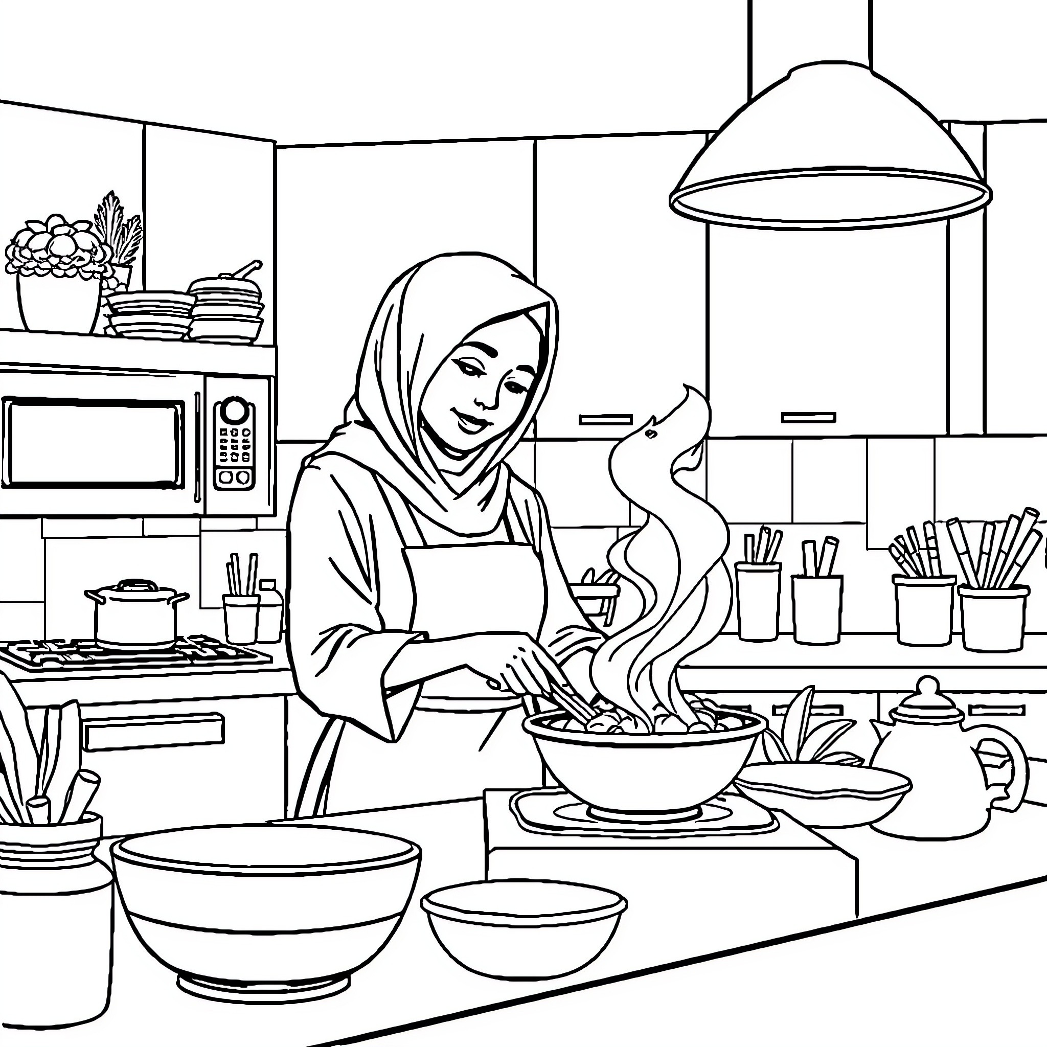 Pemuda Preparing Delicious Meal in Home Kitchen Coloring Page (free black-and-white line drawing printable PDF for all, from beginners to advanced learners, including children, teens, adults, and seniors)