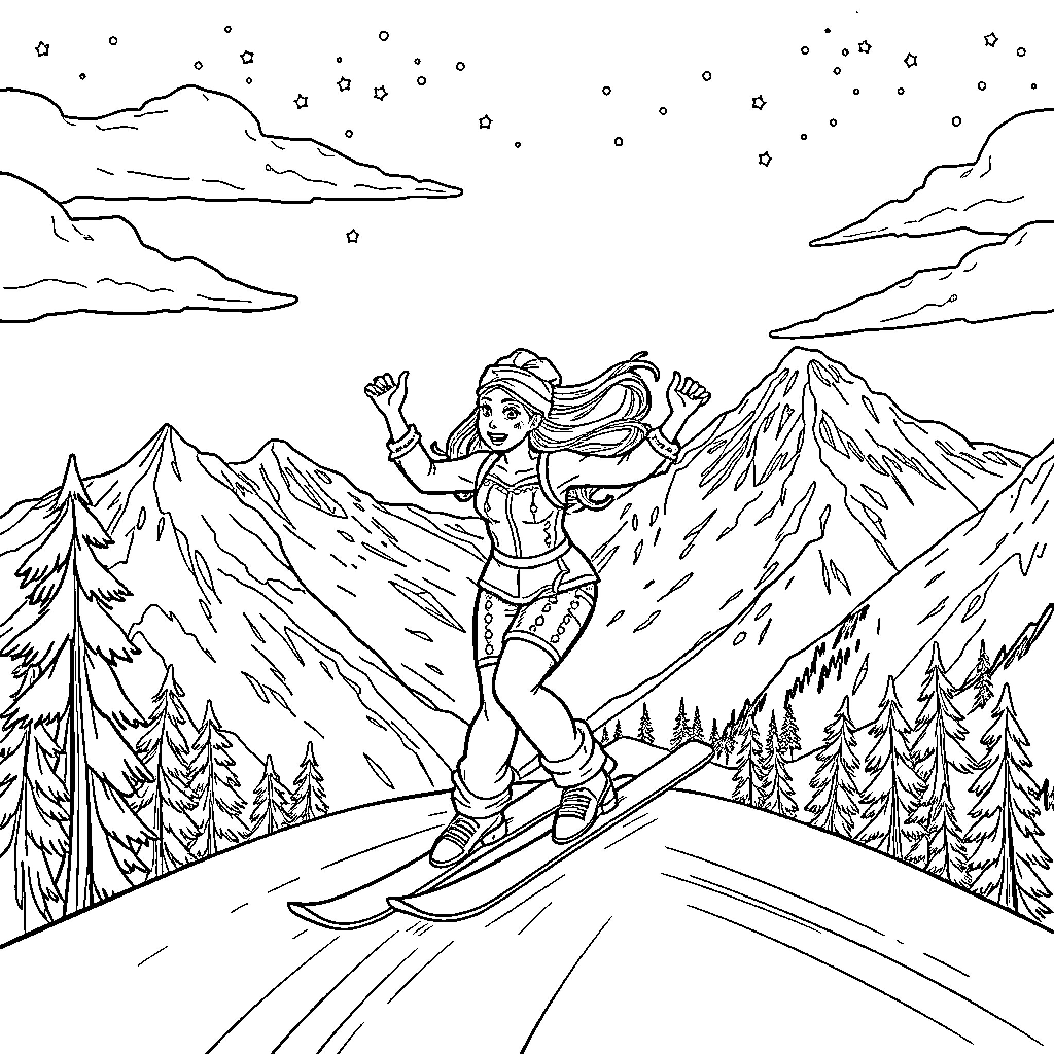 Vaiana skiing joyfully through snowy mountains Coloring Page (free black-and-white line drawing printable PDF for all, from beginners to advanced learners, including children, teens, adults, and seniors)